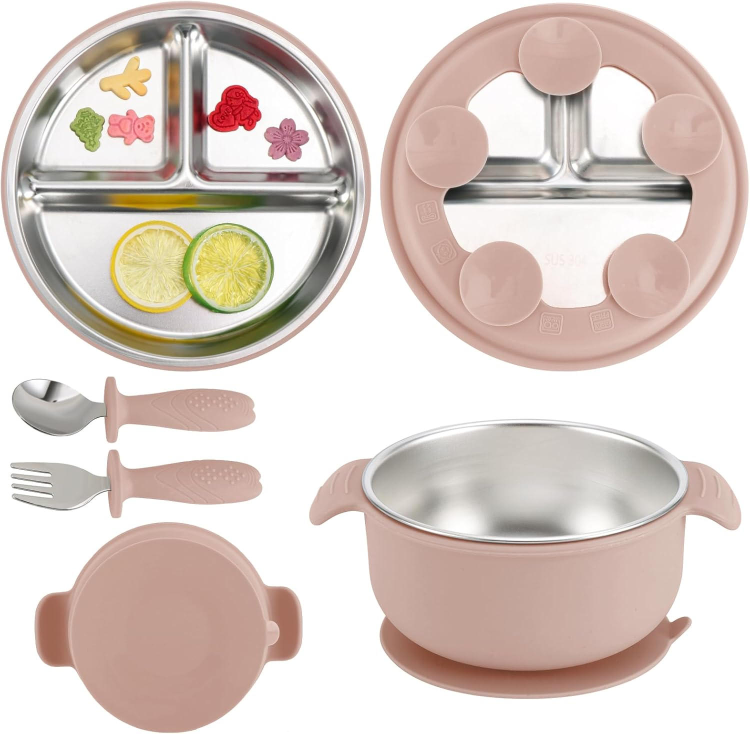 Silicone Feeding Set,Stainless Steel Suction Plate,Baby Utensil Set.Include a Spoon,A Fork, a Plate,A Stainless Steel Kids Bowl.
