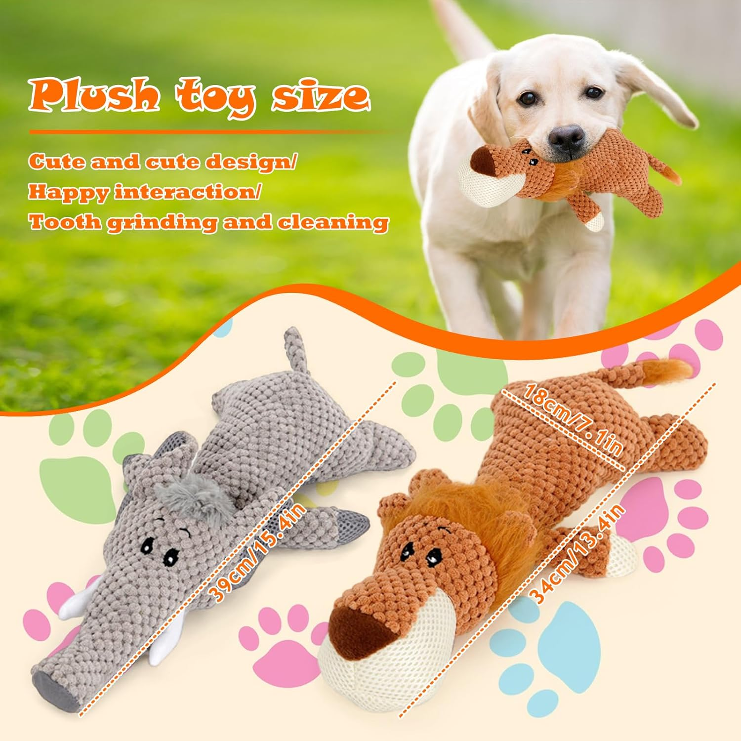 DBAILY Squeaky Dog Toys 2 PCS Plush Puppy Toy with Cotton Material No Stuffing Dog Toy for Aggressive Chewers Interactive Dental Cleaning Pet Chew Toy for All Breed Sizes Dog(Lion Elephant) image number 5