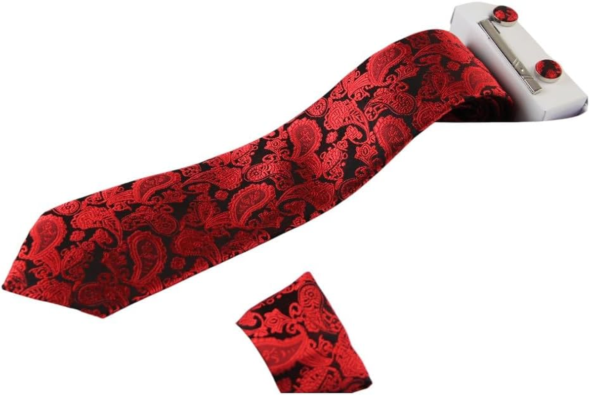 Mens Red & Black Boho Paisley Matching Neck Tie, Pocket Square, Cuff Links and Tie Clip Set Black, Red
