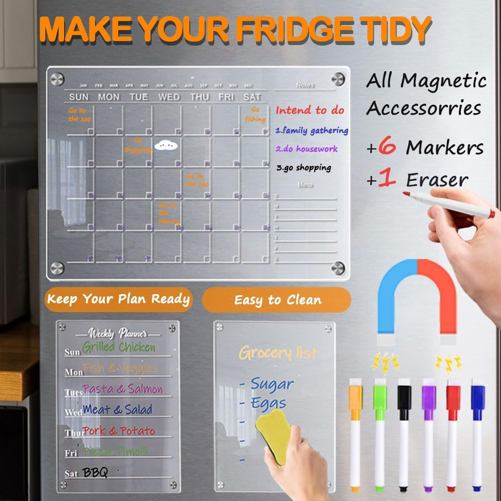 3Pcs Magnetic Acrylic Calendar for Fridge,Fridge Calendar Dry Erase Magnetic Planning Boards Acrylic Planner Monthly+Weekly Board+Memo Demos with 6 Markers+1 Erase(Clear)