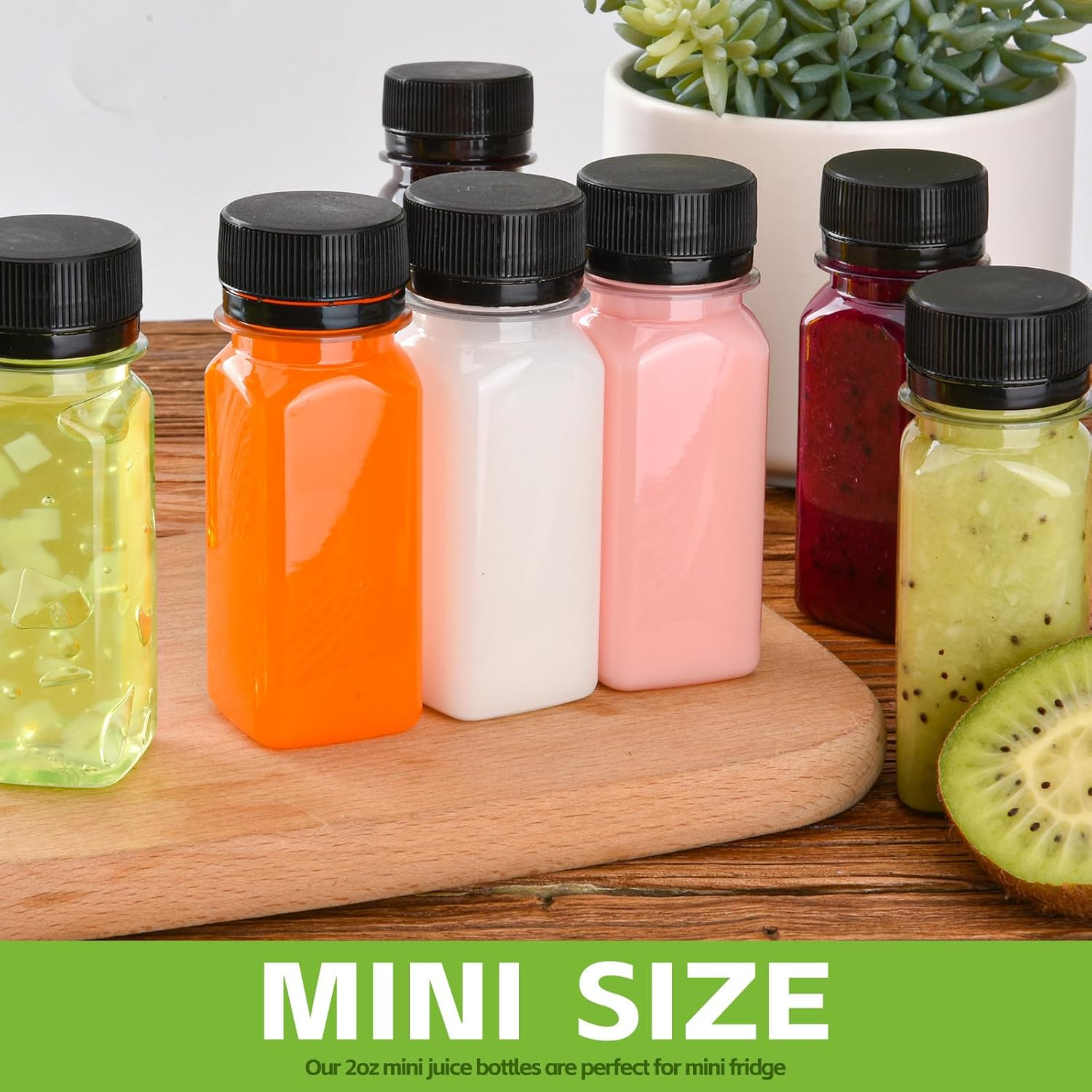 12 Pcs 2Oz Small Plastic Juice Bottles with Lids，Reusable Leak Proof Ginger Shots Bottle with Black Caps, Wellness Mini Jars Plastic Containers for Smoothie, Water, Milk and Other Beverages image number 6