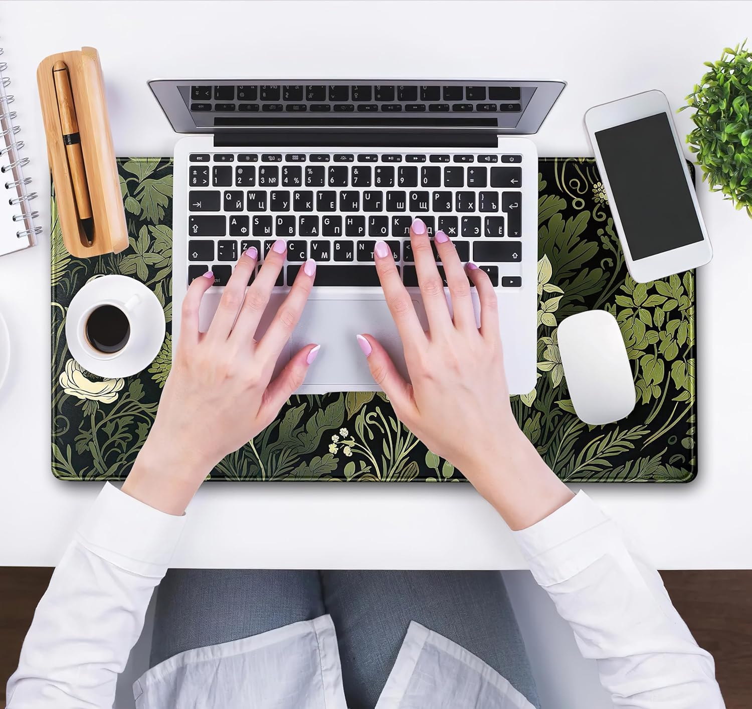 Green Leaves Beige Plants Pad, Large Extend Mouse Pad XXL, Freshness Foliage Keyboard Mat, Black Esthetics Desktop Mat Laptop Wireless Mouse Mat, Gift for Women 31.5"X15.75" - Orange Space Planets image number 7