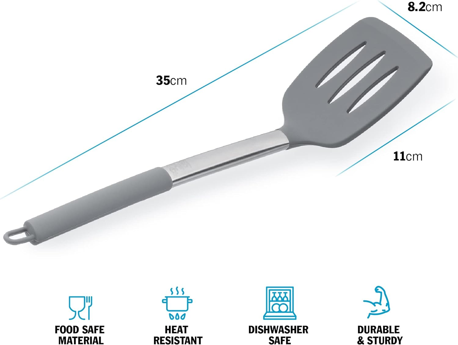 Igluu Meal Prep Grey Silicone Slotted Turner Spatula Heat Resistant Non-Stick Soft Grip, Stainless Steel image number 6