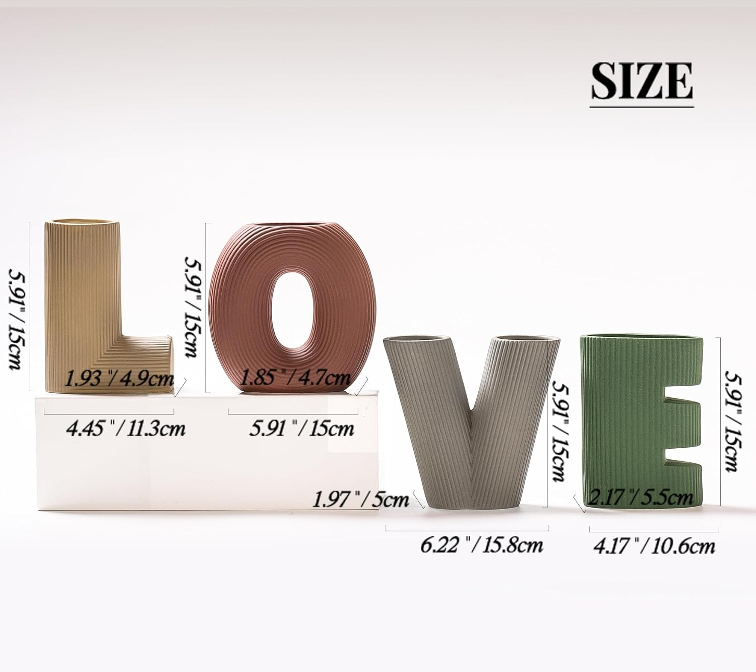 Creative Ceramic Vase Set of 4, Letters Shape Flower Vase, Multicolor Modern Minimalism Home Decor for Living Room, Table Centerpieces(Green/Brown/Burgundy/Khaki)