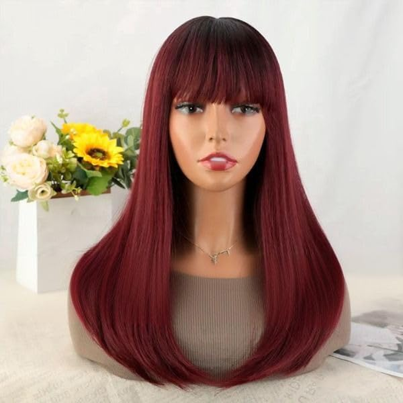 Long Straight Wigs for Women Women Synthetic Full Hair Natural Wine Red Ombre Wig with Tidy Fringes for Cosplay Costume or Daily Life (Wine Red, 26Inch)