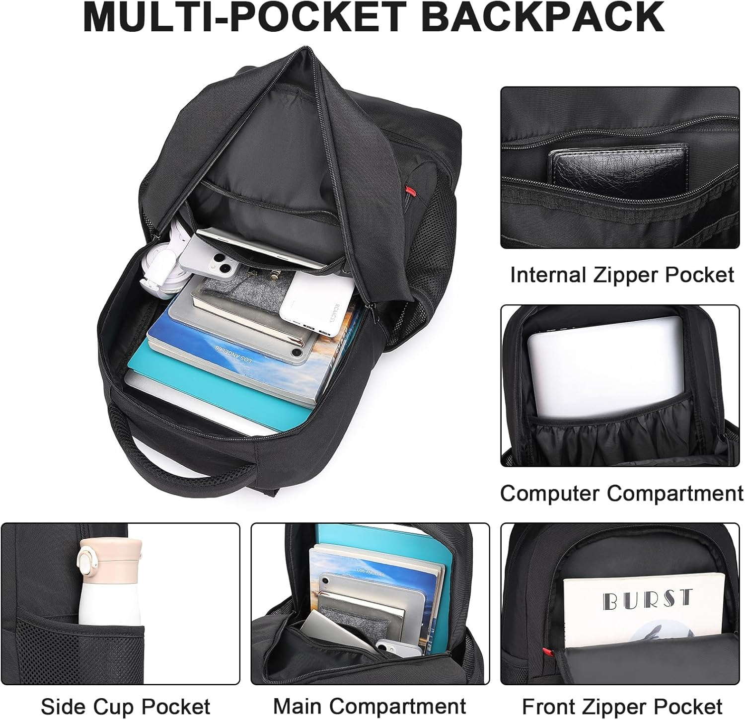 Seyfocnia Gym Backpack for Women Men, Lightweight Sports Bag Back Pack with Shoe Compartment Workout Rucksack Travel Daypack - Dark Black image number 5