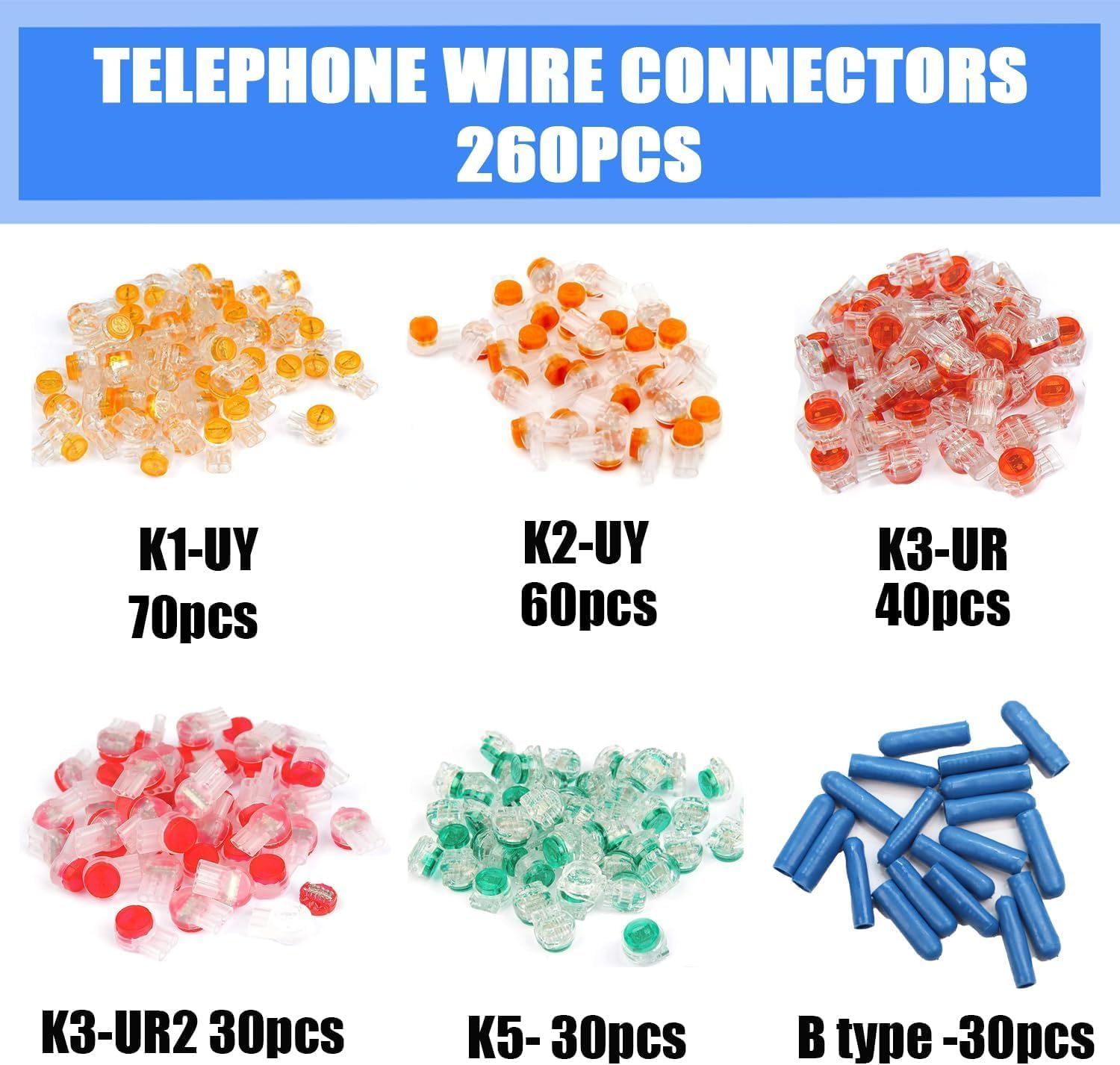 Aikoolwer Phone Wire Butt Telephone Splice Connectors 260PCS Data Phone Wire Butt Splice Ports UY/UR/UB/K5/B Data Wire Terminal Crimp Kit Waterproof Gel Splice with Crimping Tool image number 3