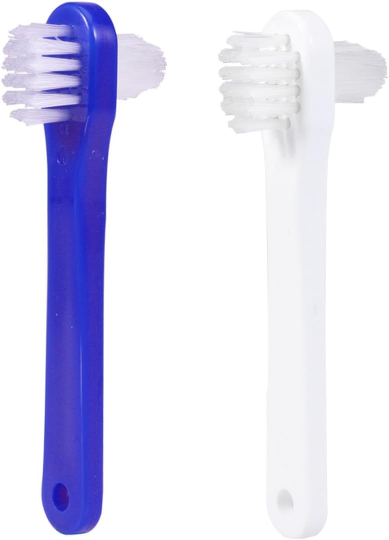 WOFASHPURET 4Pcs Double-Sided Denture Brush with Firm Nylon Bristles for False Teeth Cleaning Non-Slip Handle Portable Includes White and Blue Brushes for Reach Areas and Stain Removal