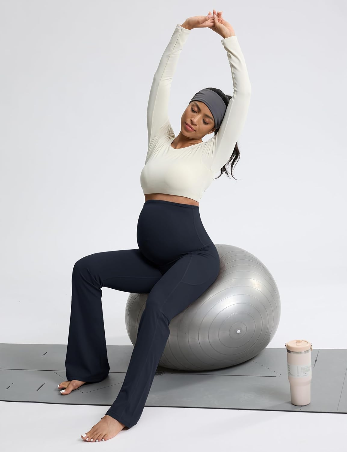 Mama Land Buttery Soft Maternity Flare Leggings over the Belly 29"/32"/34" - Workout Yoga Pregnancy Pants with Pockets image number 3