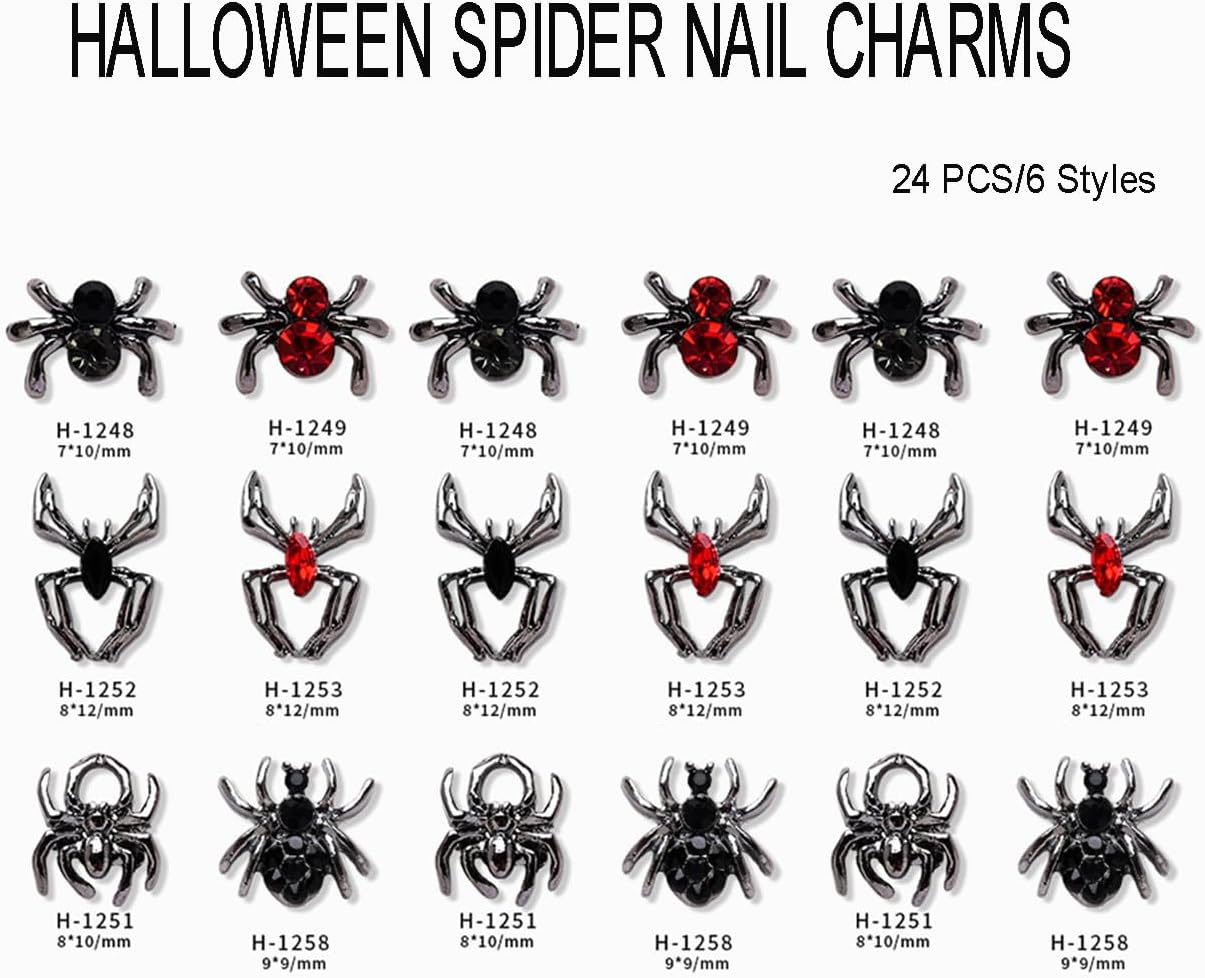 3D Halloween Spider Nail Art Pendants Crystals Diamonds Rhinestones Alloy Gothic Black Red Nail Accessories for Women Nail Art Decoration Craft Jewelry DIY (6 Styles)