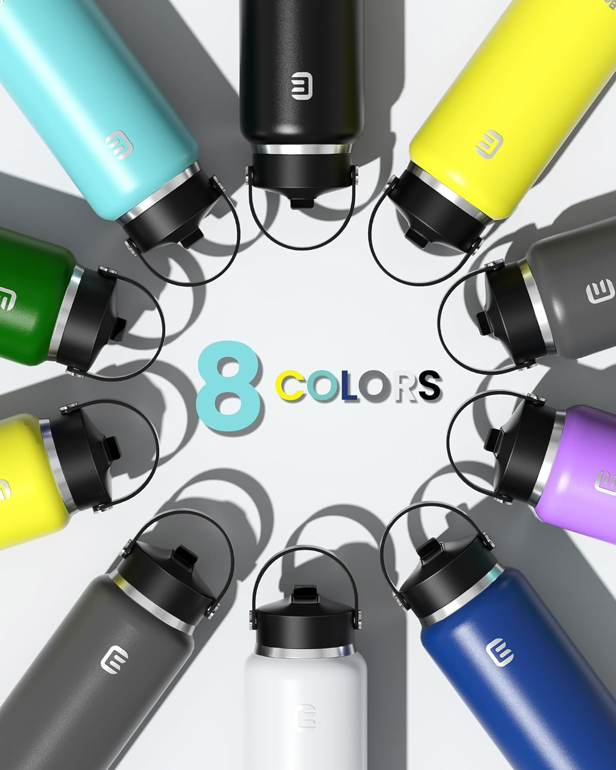 Berusd 1L Insulated Water Bottle, Leak Proof Straw Lid, Stainless Steel Vacuum Insulated Water Bottle, Wide Mouth Bottle with Flex Cap, Double Walled Travel Cup Thermo Bottle Mug Drink Flasks, White image number 2