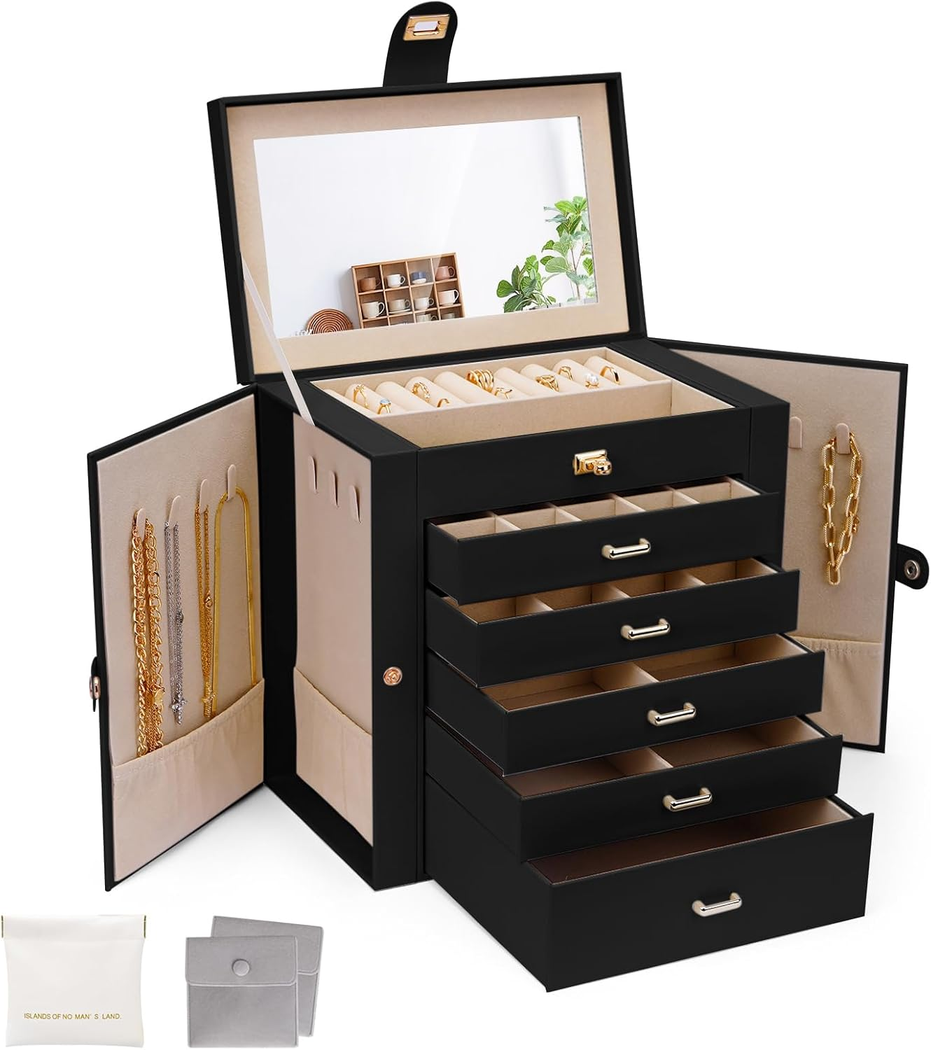 LIAN 6-Layer Large Jewelry Box with Big Mirror Functional Huge 5 Drawers Leather Jewelry Storage Case for Women Girls Ring Necklace Earring Bracelet Holder Organizer (Large-Pale Green)