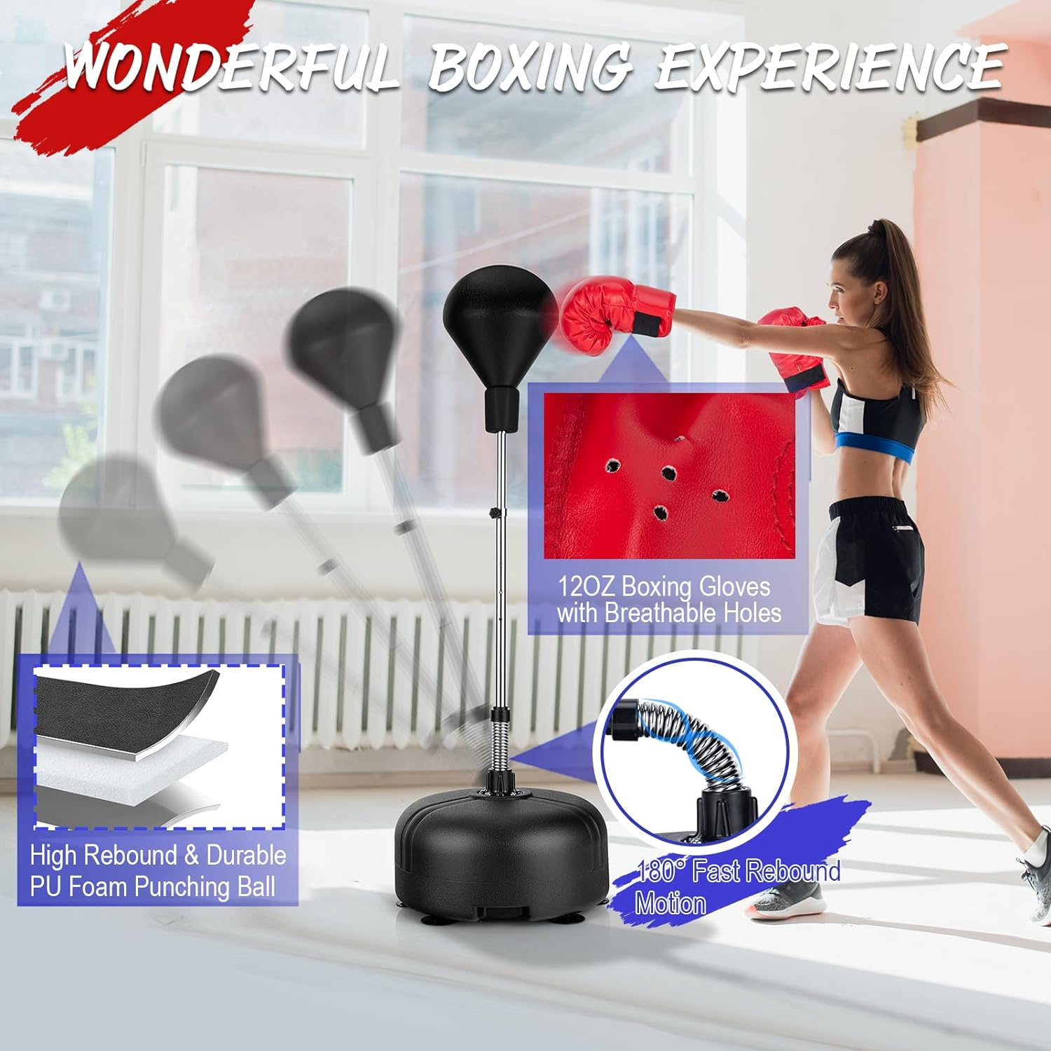 Costway Punching Bag with Stand, Speed Bag for Adults Kids, 4-Position Adjustable Height Setting, Stable Suction Cups, Integrated PU, Breathable Boxing Gloves, Easy to Transport, Reflex Bag for Home - Red image number 2