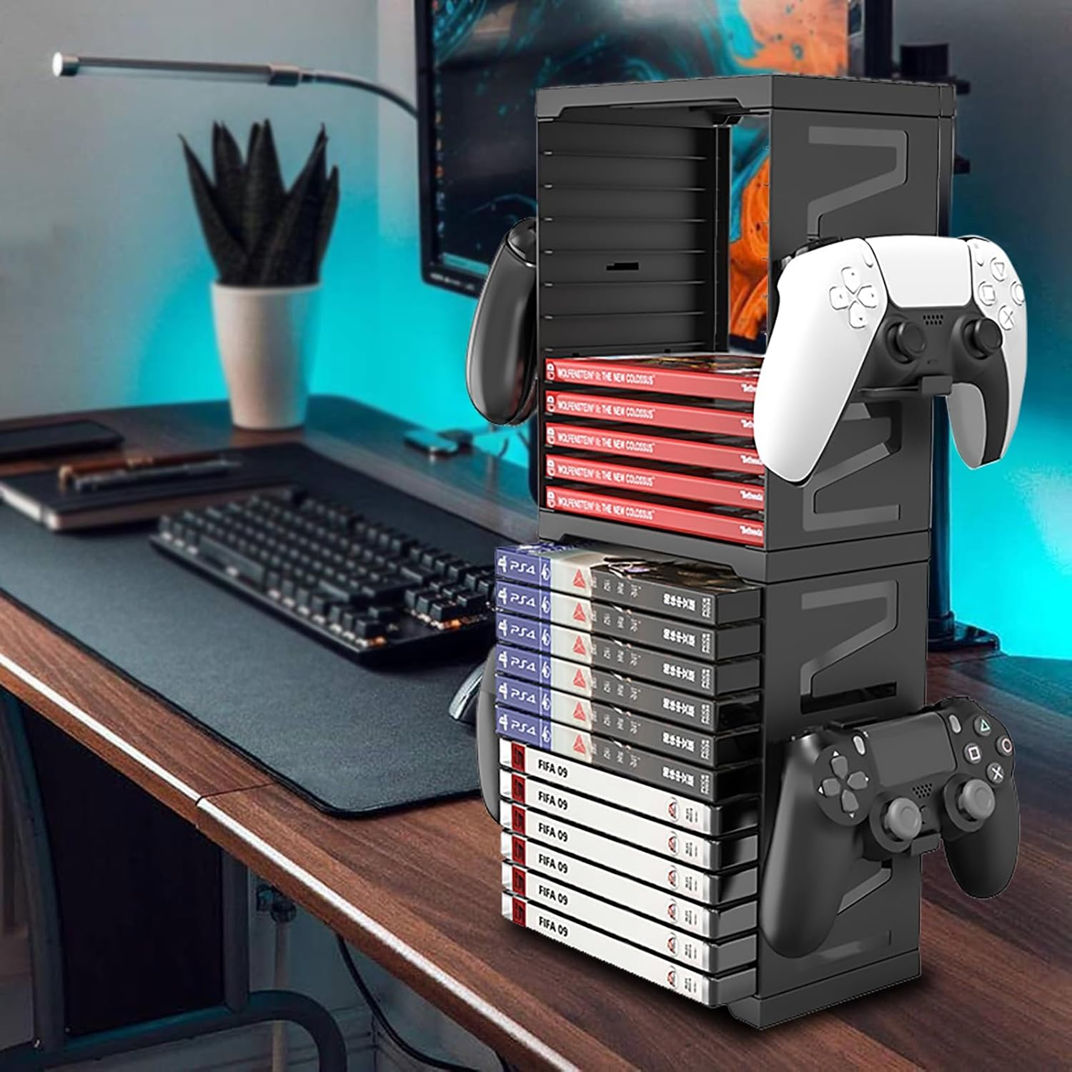 HONCAM Video Game Storage Tower for PS5 PS4 Xbox Nintendo Switch Games, Universal Video Games Discs Organizers 24 PCS with 4 Controllers Holder, Game Disk Box Stand Rack Accessories image number 2