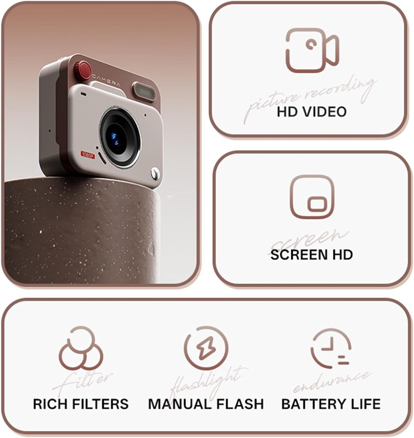 Plyisty Mini Digital Camera, 1080P 48MP Point and Shoot Small Camera with 1.77 Inch LCD Display, OTG, 6 Filters, Support up to 256GB, for Travel, Graduation, Birthday Surprises (Khaki Brown) - Black image number 4