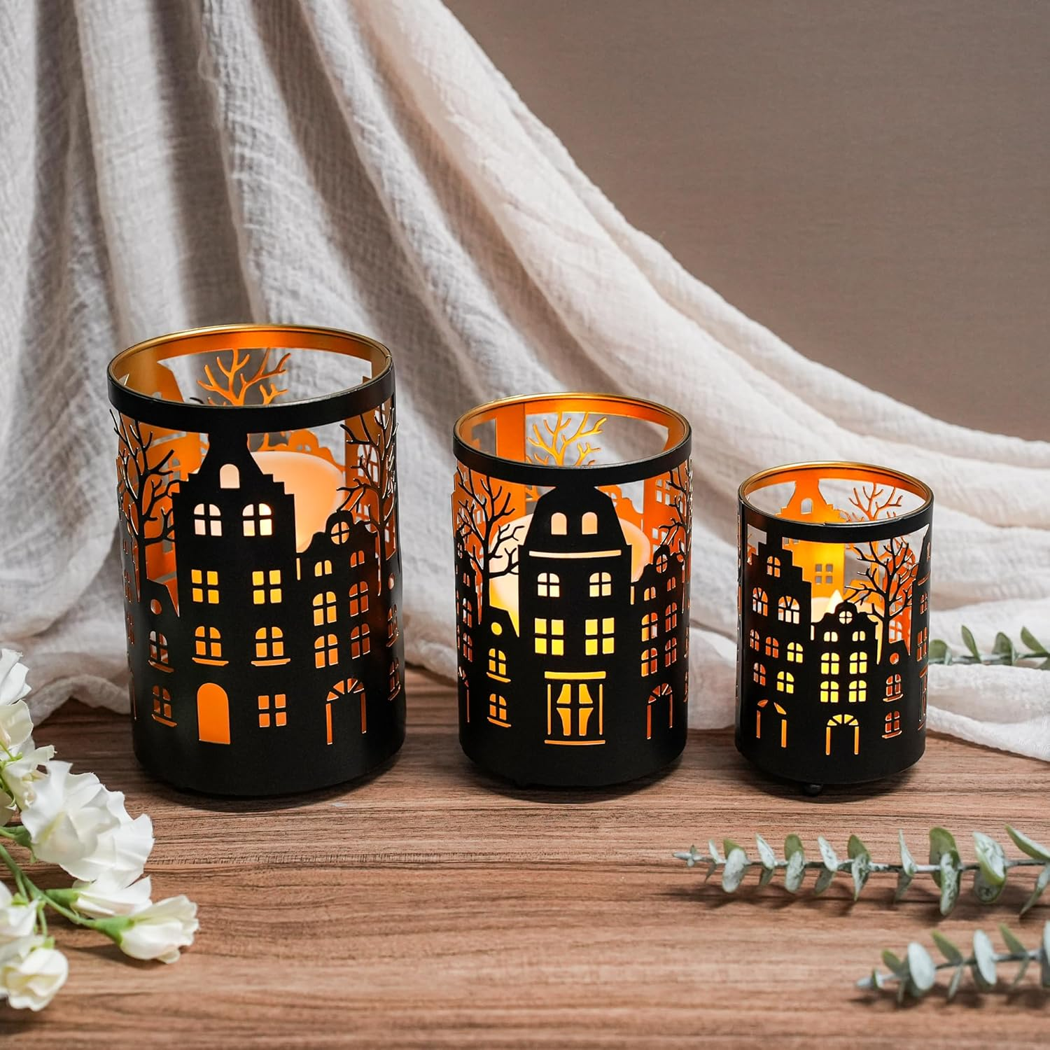 TRIROCKS Set of 3 Metal Candle Lanterns, Decorative Tealight Holders with Cutout House & Tree Design, Wind Lights for Indoor Outdoor Decor（Black Brushed Gold） image number 2
