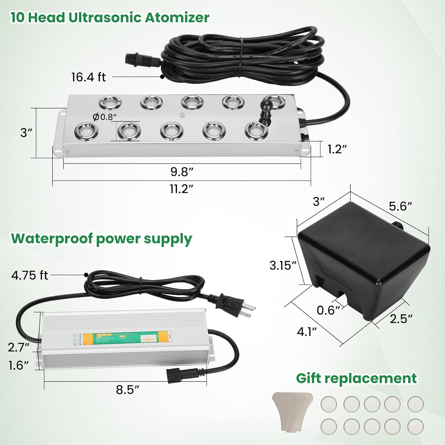 Ultrasonic Mist Maker 10 Head,Add Replacement Atomizer Heads,350W Power Water Proof Ultrasonic Mister,Ultrasonic Fog Humidifier with Float,For Vegetable Preservation,Landscape, Halloween,Etc image number 2