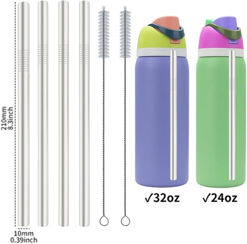 4Pcs Replacement Stainless Steel Straws Compatible with Owala Water Bottle 24Oz 32Oz Reusable Straws with 2 Cleaning Brushes Metal Straw Replacement image number 5
