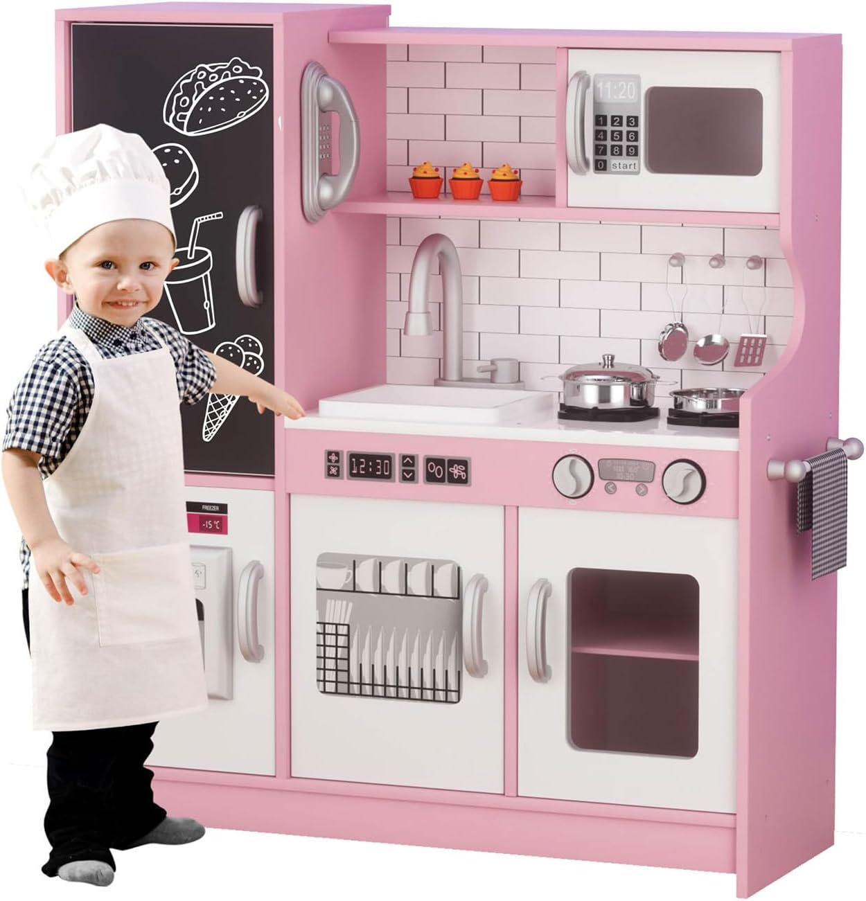 Bopeep Kids Kitchen Playset, Wooden Pretend Play Kitchen, Sink, Faucet, Stove, Microwave, Oven, Utensils, Ice Maker, Dishwasher, Towel Rack & Sweet Accessories, for Boys Girls Aged 3+, Pink image number 4