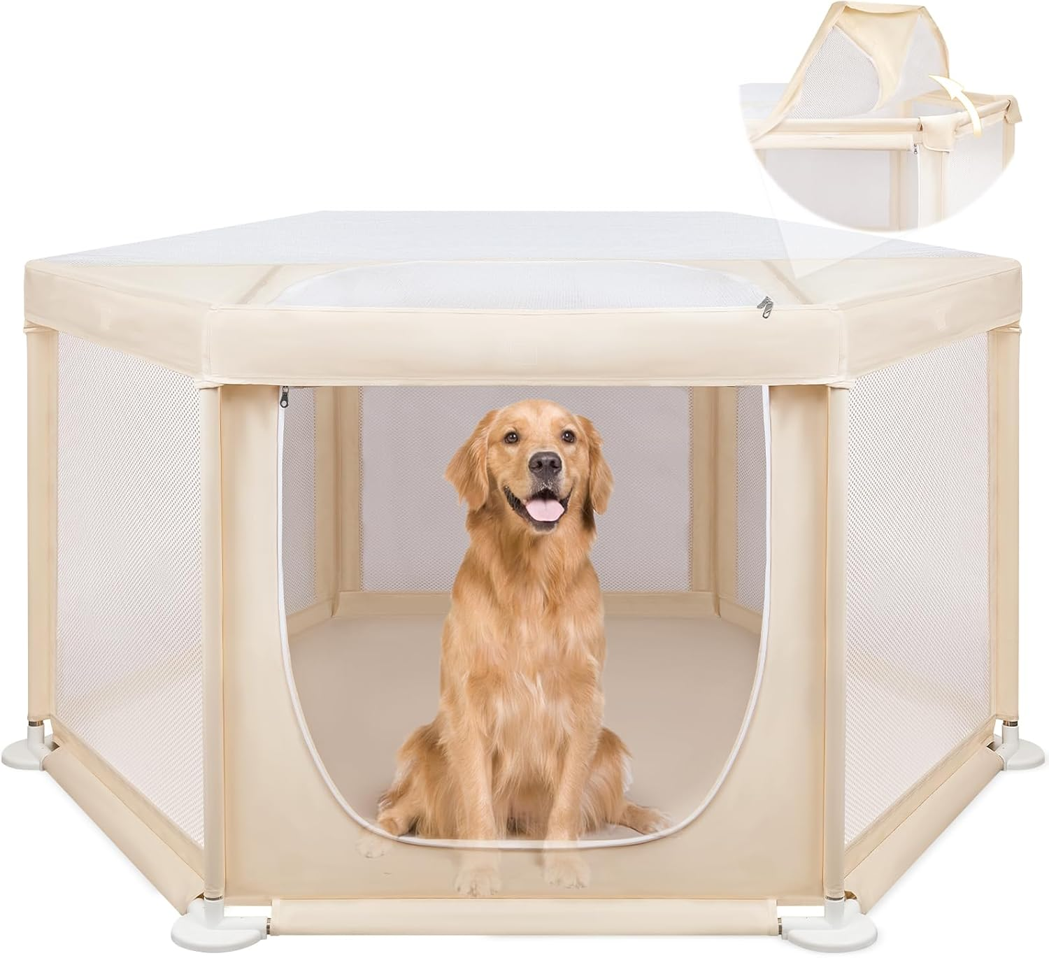 58"X58"X30" Large Dog Playpen Indoor, Extra Tall Puppy Playpen with Removable Roof, Sturdy Fabric Mesh Dog Pen for Medium to Large Pets, Spacious Hexagonal Pet Playpen Indoor for Comfort & Security image number 2