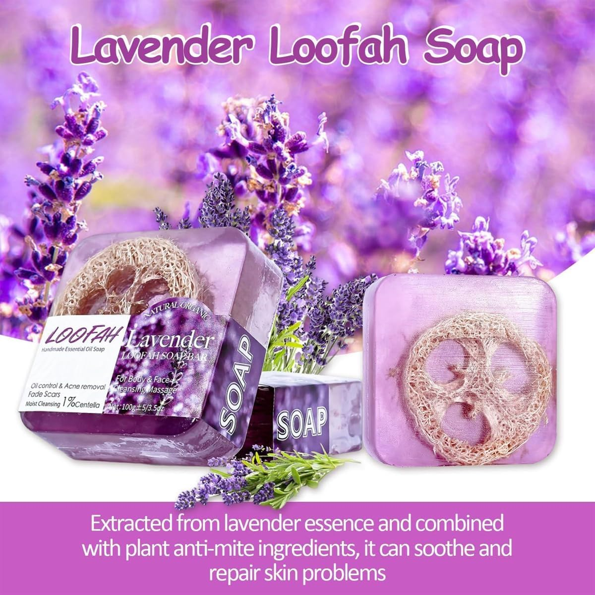 AIMALL 5PCS Loofah Soap Bars with Lavender Essential Oil &ndash; Exfoliating Handmade Glycerin Face & Body Cleansing Bars for Acne, Oil Control & Smooth Skin, 6.5X6.5X2Cm Each - Lavender image number 2