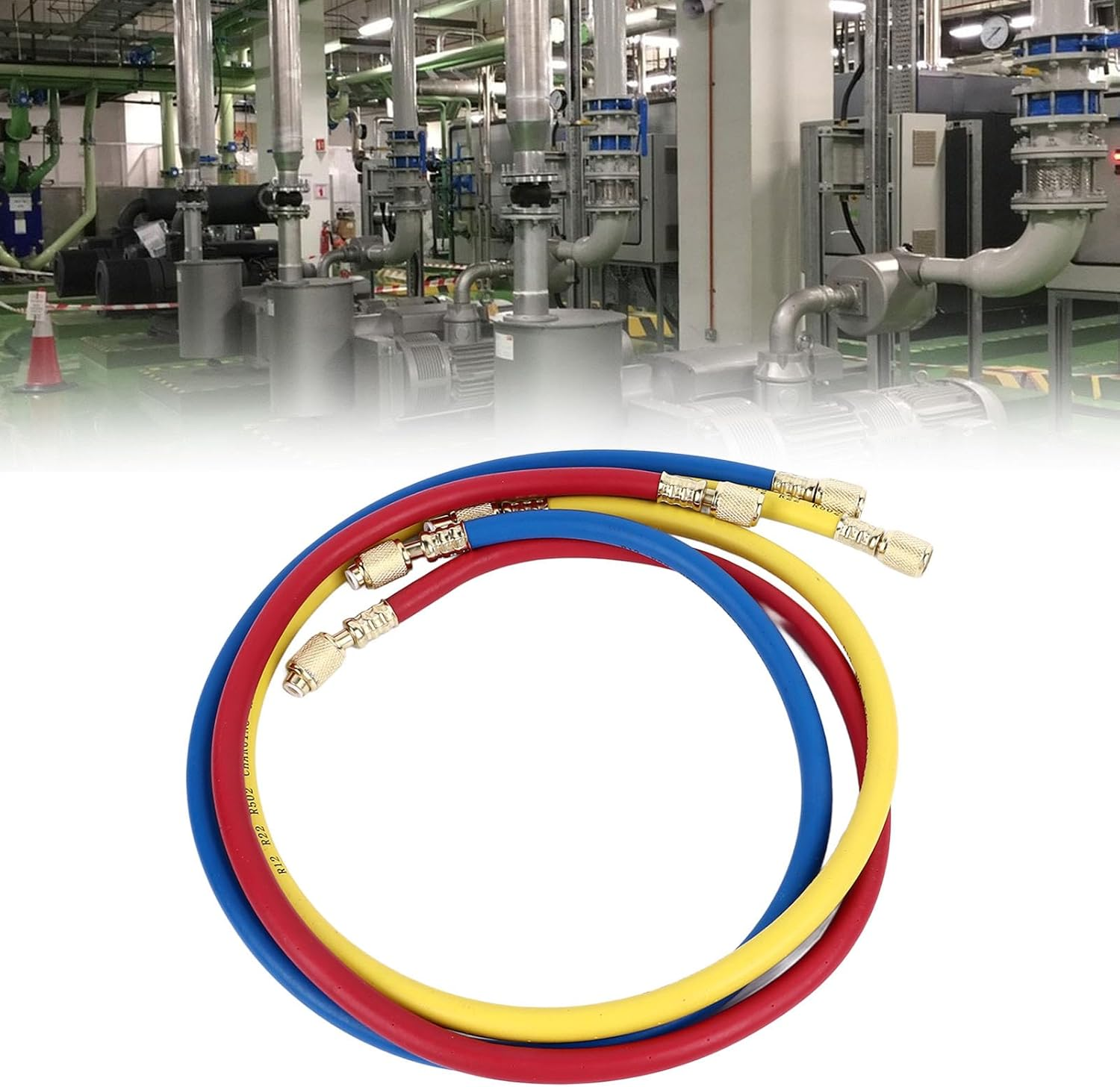 AC Charging Hoses Tube, 3Ft Refrigerant Charging Hose, Fits for R22 Refrigeration Tri Color, Car Air Conditioning and HVAC Manifold Gauge Hose Kit, Red, Yellow, Blue (Pack of 3) image number 1