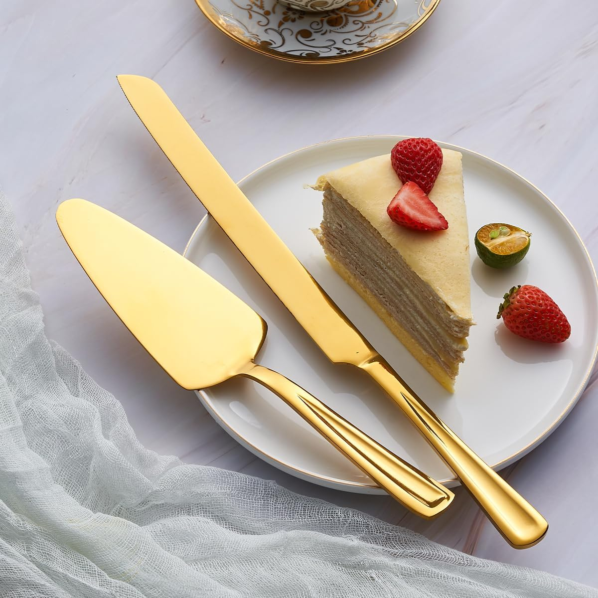 Gogeili Gold Cake Knife and Server Set, 33Cm Stainless Steel Cake Cutting Set, Pie Cutter Set for Wedding, Birthday, Parties, Anniversary image number 3