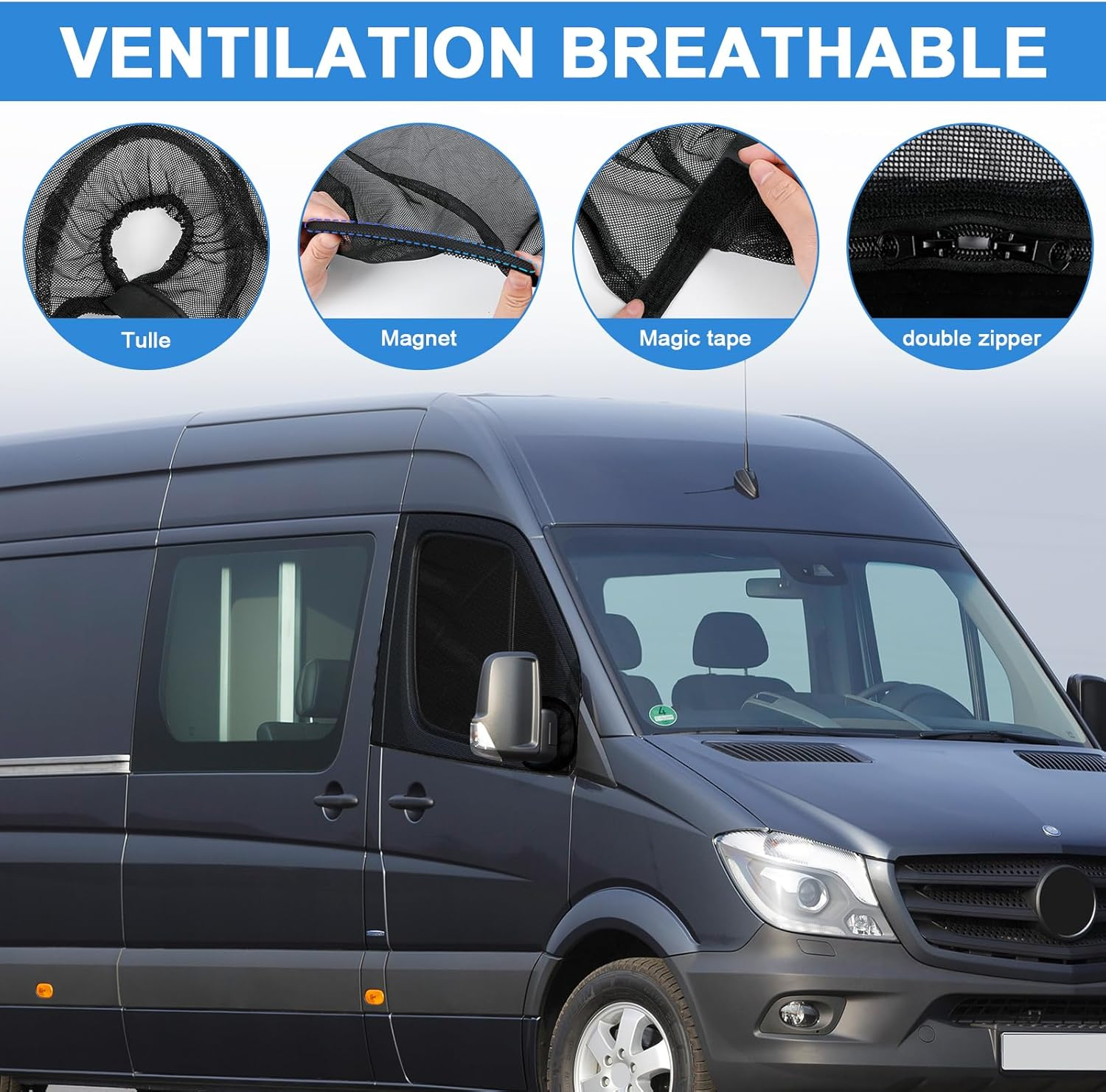 Federedevo Double Layers Side Window Sunshade Magnetic Bug Screen for Front Doors, Pair Window Bug Screen & Sunshade Curtain Compatible with Mercedes Sprinter 2007-2025 image number 1