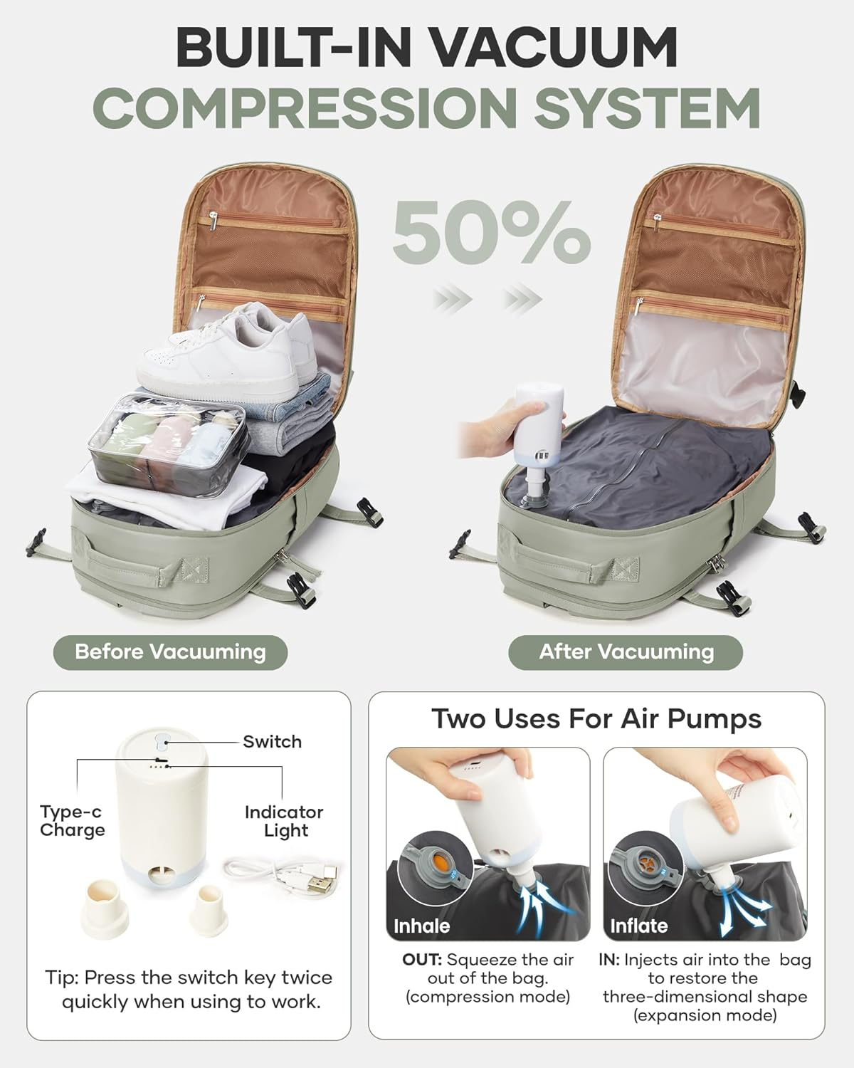 Coofay Vacuum Backpack Travel with Pump image number 4