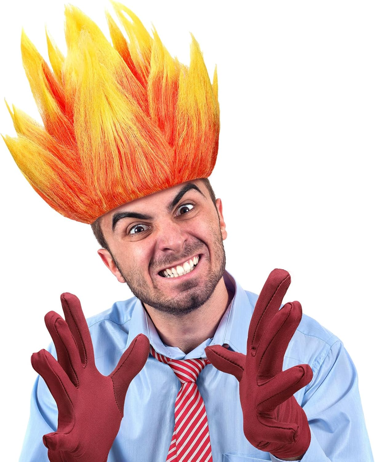 Toulite 3 Pcs Halloween Anger Dress up Set Included 2 Toned Flame Wig Red Textured Tie Red Gloves Halloween Cosplay Costume for Men Adult Party Supplies image number 3