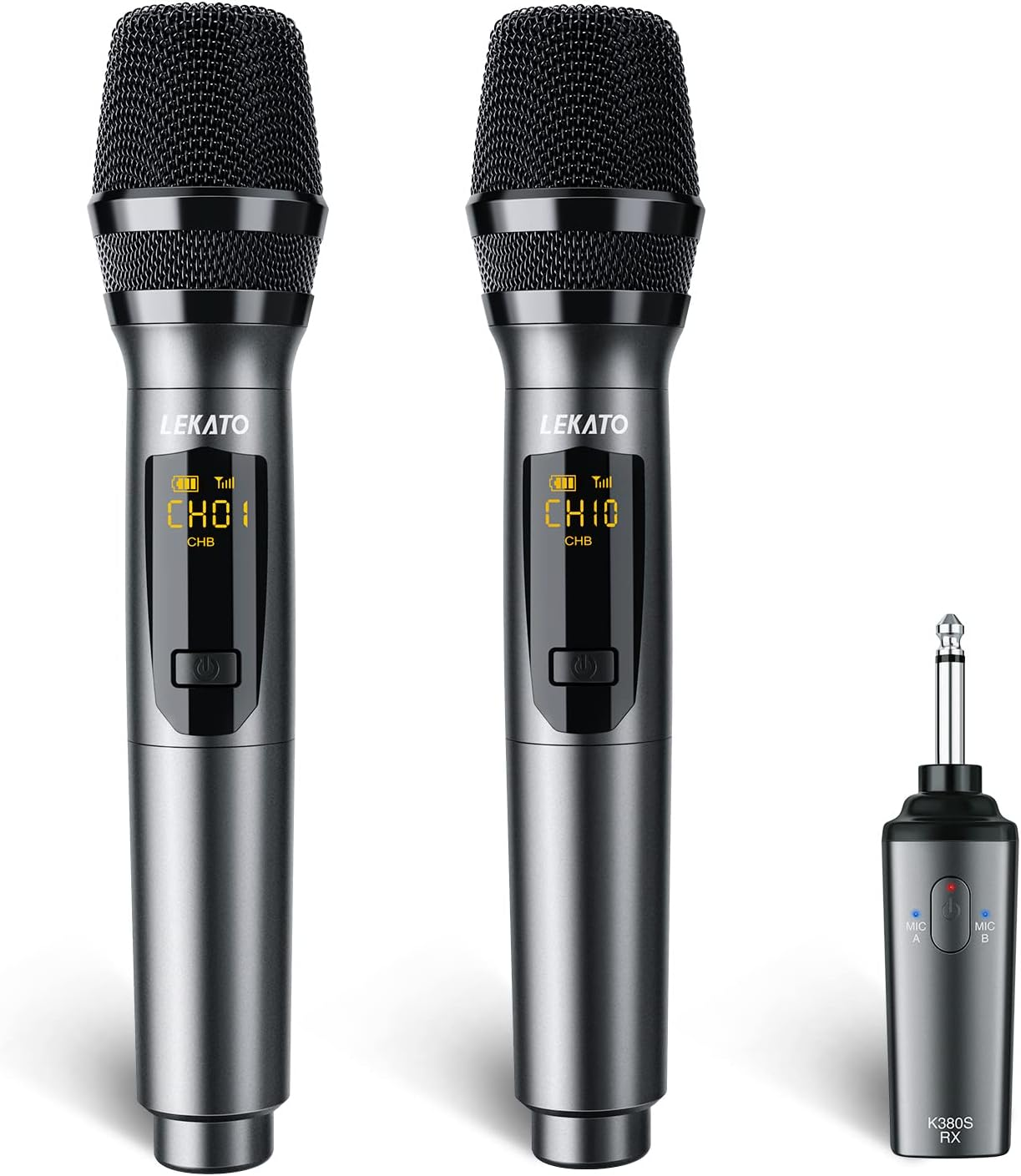 Wireless Microphone, LEKATO Rechargeable Wireless Microphone Metal Dual Handheld Dynamic Mic with Rechargeable Receiver, 1/4'' Plug for AMP, PA System, Karaoke, Singing, Party, Church, Wedding image number 2