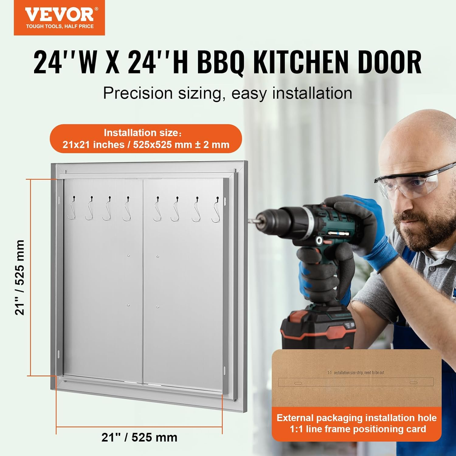 VEVOR BBQ Access Double Door, 610X610 Mm Outdoor Kitchen, Stainless Steel Flush Mount, Double Wall Vertical with Handles and Hooks, for BBQ Island, Grilling Station, outside Cabinet image number 6