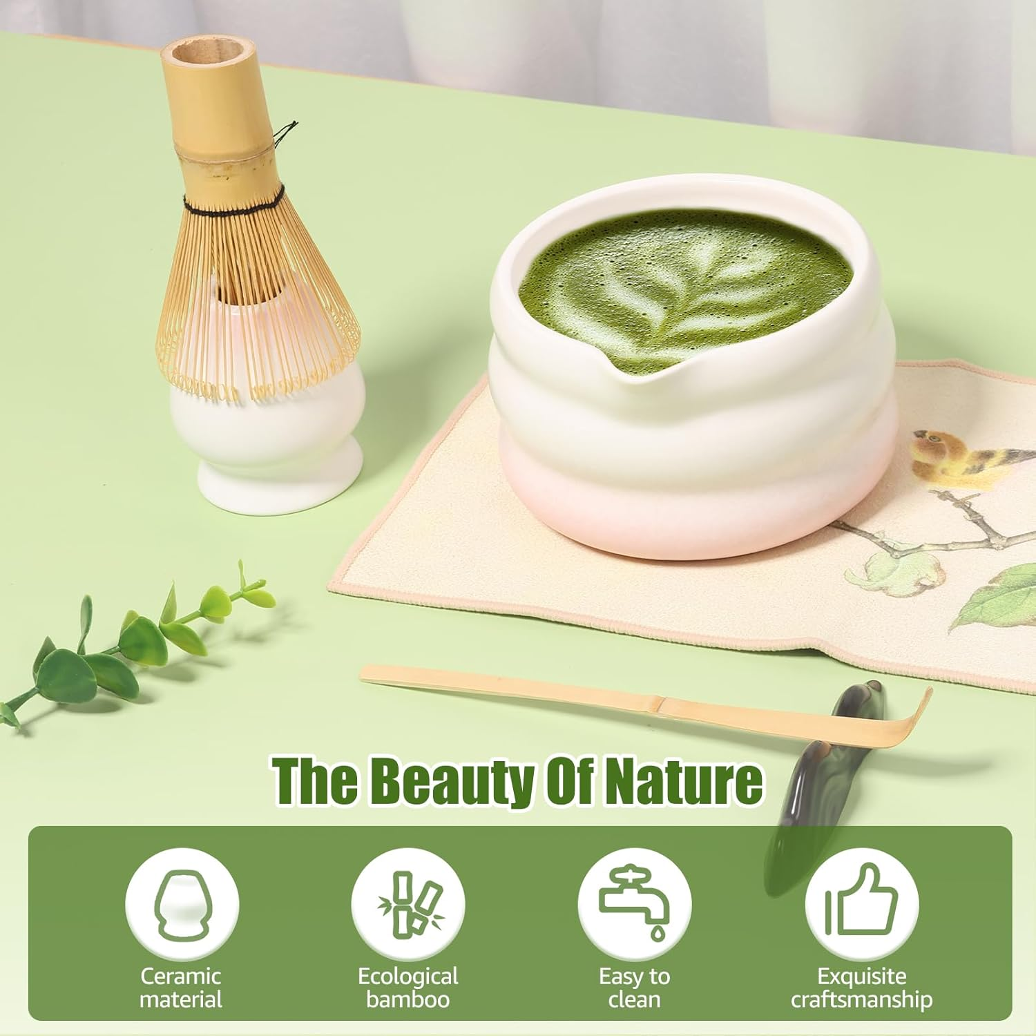 Japanese Matcha Tea Set, Easy to Use, Elegant Green Kit, Smooth Help Relaxing Japanese Tea Making Set, for Matcha Tea Ceremony Home Use (Pink) image number 1