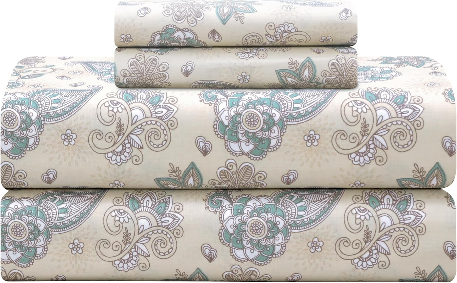 Feather & Stitch Softest 100% Cotton Sheets, 300 Thread Count Percale Weave Bedding, 16" Deep Pocket, Cooling Sheets, Breathable Bed Set, Hotel Premium Quality (Queen, Floral)