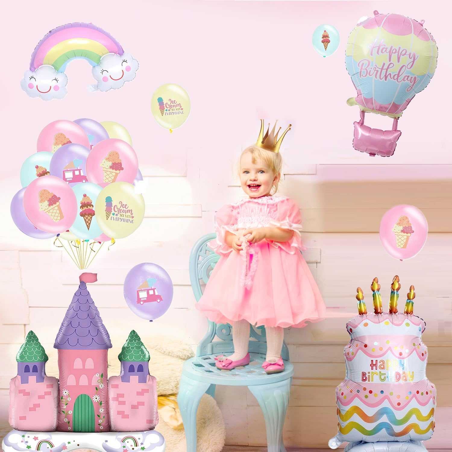 24Pcs Princess Castle Standing Foil Balloon Rainbow Cloud Smile Balloon for Girl Birthday Party Decoration Princess Foil Balloon image number 5
