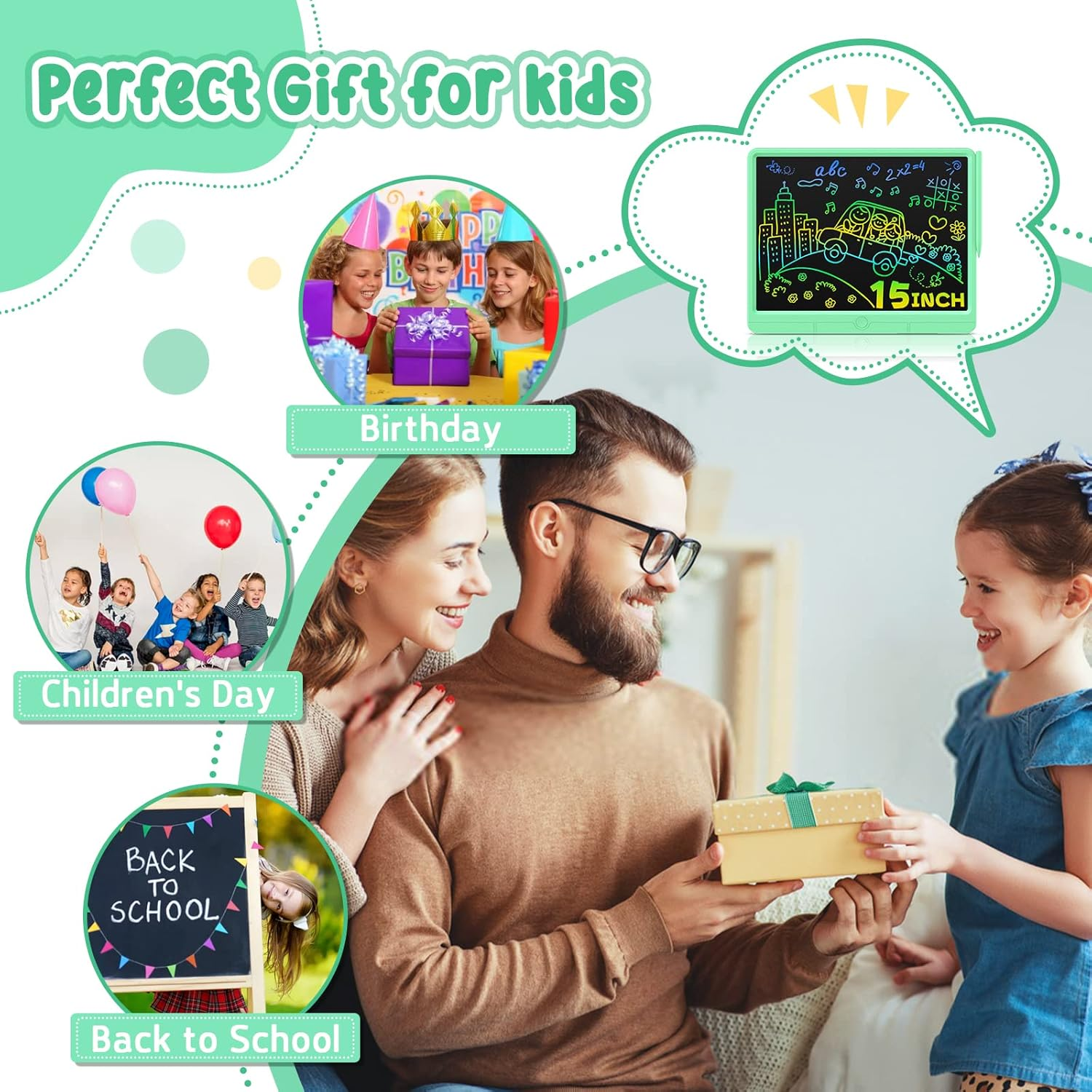 Wicue LCD Writing Tablet for Kids 15In Drawing Tablet, Colorful Doodle Board Drawing Pads, Electronic Drawing Boards Travel Activity Games for 3 4 5 6 Year Old Kids Birthday Gifts (Green) image number 5