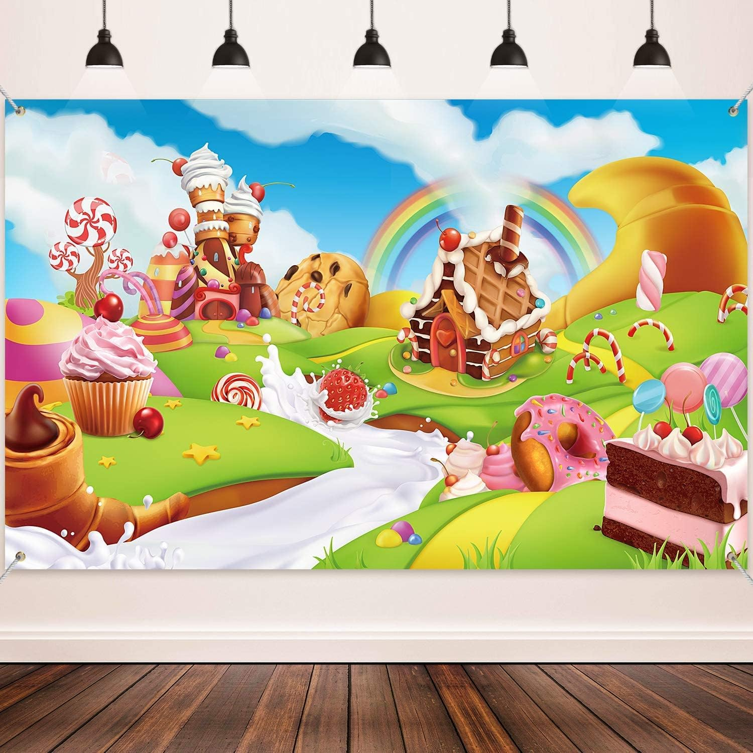 Candy Land Party Decoration Supplies, Extra Large Fabric Sweet Cartoon Background for Baby Shower Birthday Decoration, Lollipop Backdrop Candy House Banner Rainbow Baby Photography Background image number 5