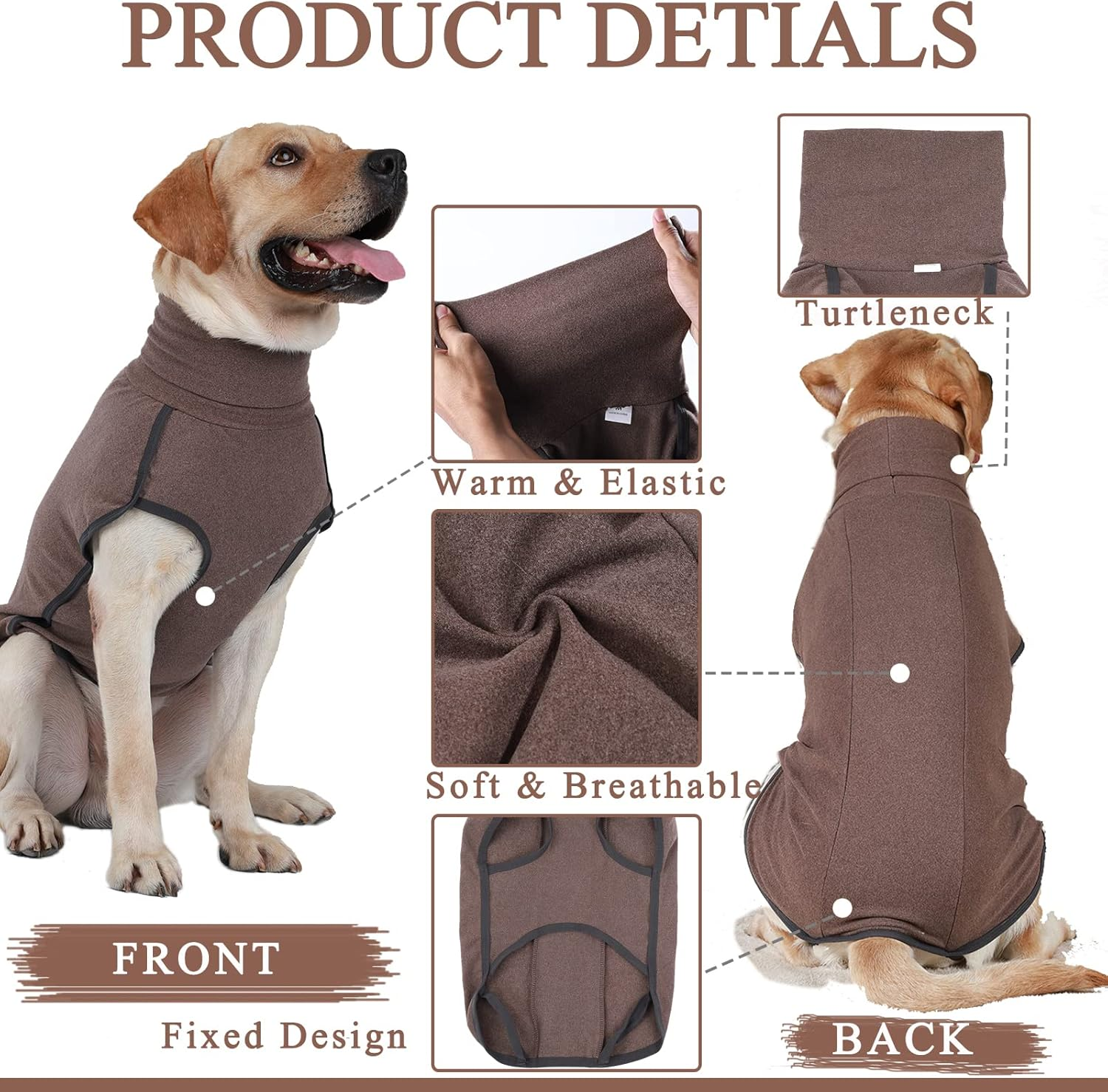Hjyokuso Dog Jumper Dog Fleece Vest Sweater Stretch Sweatshirt, Warm & Lightweight Pullover Pajama Dog Coat, Autumn Winter Cold Weather Puppy Clothes Jacket for Small Medium Large Dogs (Brown 3XL) image number 4