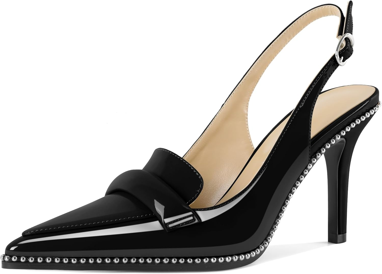 Esvowido Slingback Heels for Women Stilettos Beaded Pointed Toe Shoes Slip on Loafers Pumps High Heel Shoes for Women