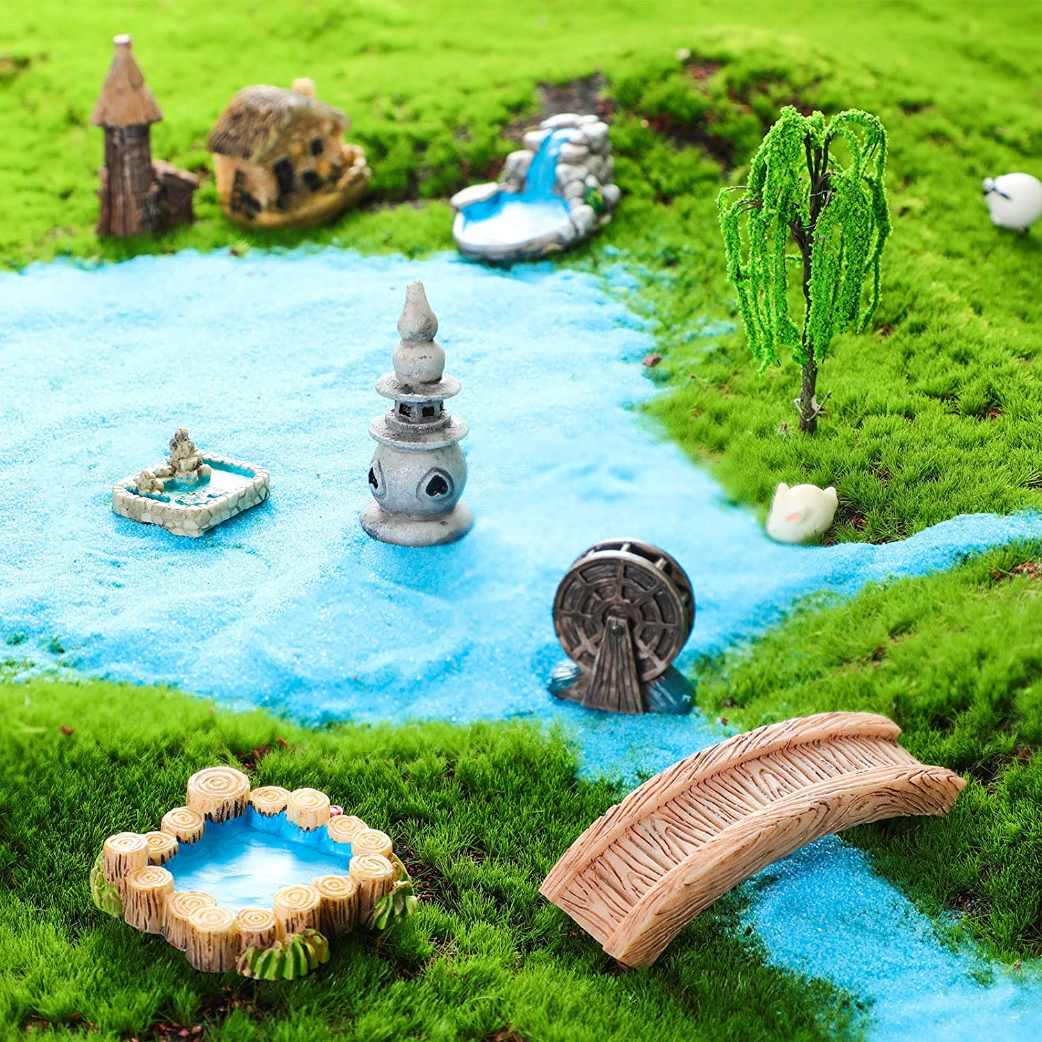 12 Pcs Garden Accessories Miniature Bridge Mini Lighthouse Water Well Bridge Figurines Pond Lawn Garden Ornament Figurines for DIY Craft Garden Decor (Classic Style) image number 5