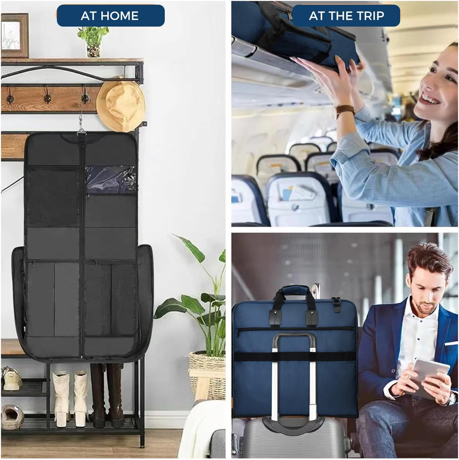 Noozion Garment Bag for Travel Large Carry on Suit Bag Hanging Travel Suit Bags Waterproof Suitcase Luggage Bag for Men Women Business Trips with Shoulder Strap, Blue, Large, Classic image number 4