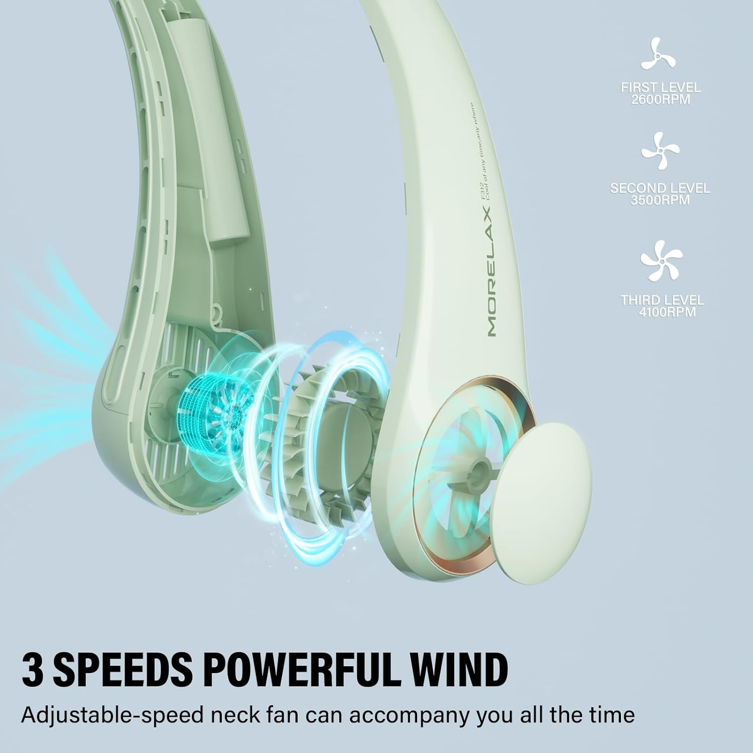 Morelax Neck Fan, USB Rechargeable Personal Fan, 3 Speeds Adjustable, Large Air Outlet Powerful Strong Wind, Adjustable, 360&deg; Cooling, Super Quiet, No Blade Design, No Hair Twisting, Small (Green) image number 5