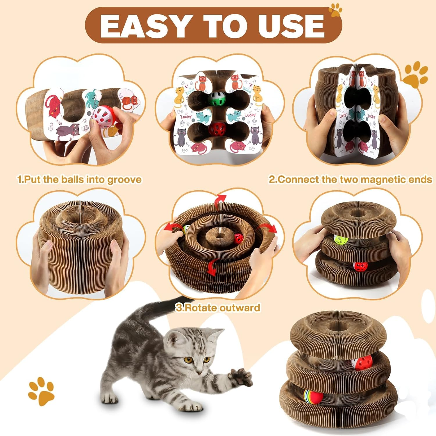 2-Layer Magic Organ Cat Scratcher Board with 4 Interactive Balls and 1 Interactive Cat Feather Toy, Foldable Scratching Pad for Indoor Cats, Magnetic Organ Scratcher Toy, Portable Cats Toys image number 3