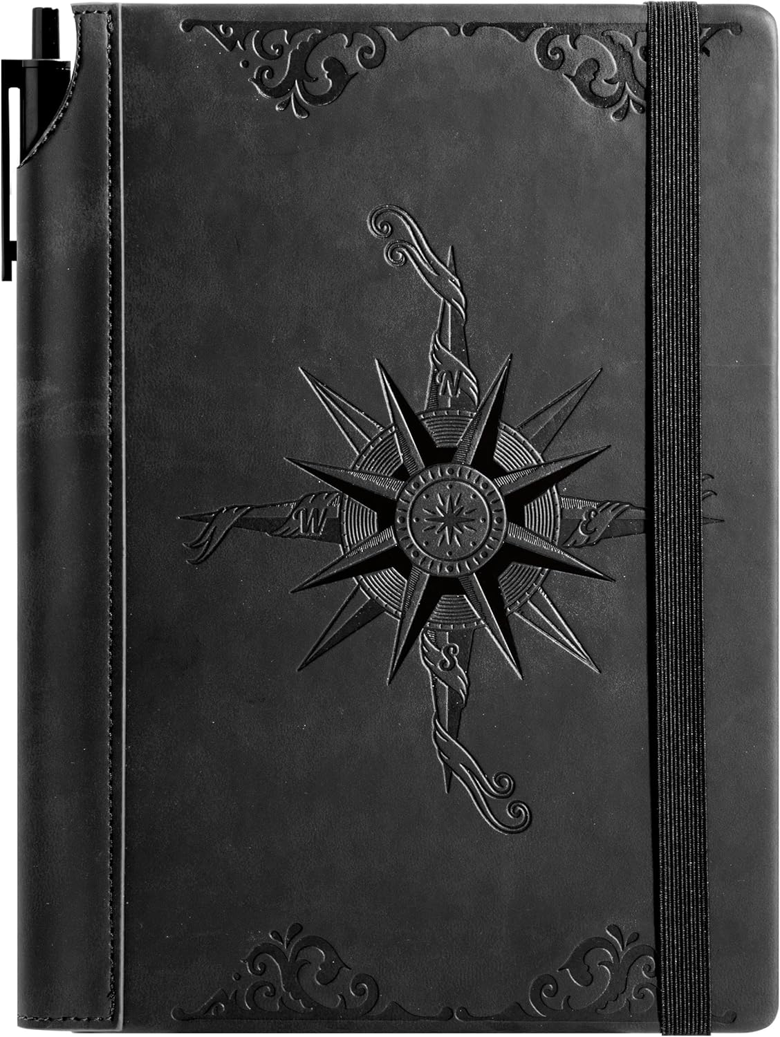 CAGIE Compass Leather Notebook Journal for Men, 100 GSM 288 Pages Lined Journals for Writing, A5 Hardcover Journaling Notebooks Gift Set with Pen for Travel Office Daily Writing - Black