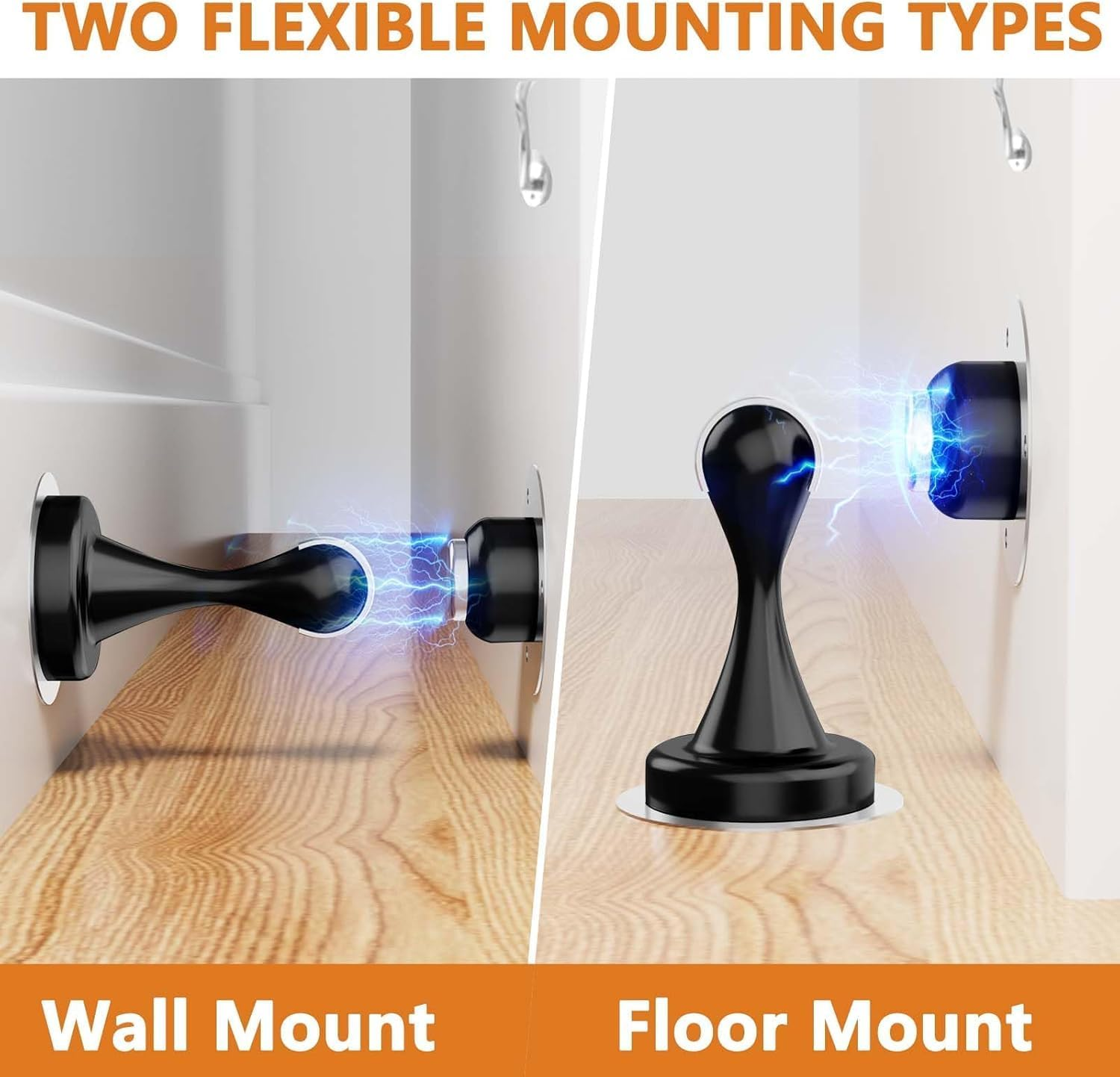 Magnetic Door Stopper - 2 Pack - Stainless Steel Door Stoppers for Bottom of Door| Magnetic Door Stop for Wall and Floor Mounting| No Drilling Door Catch Door Holder with 3D Adhesive Tapes (Black)