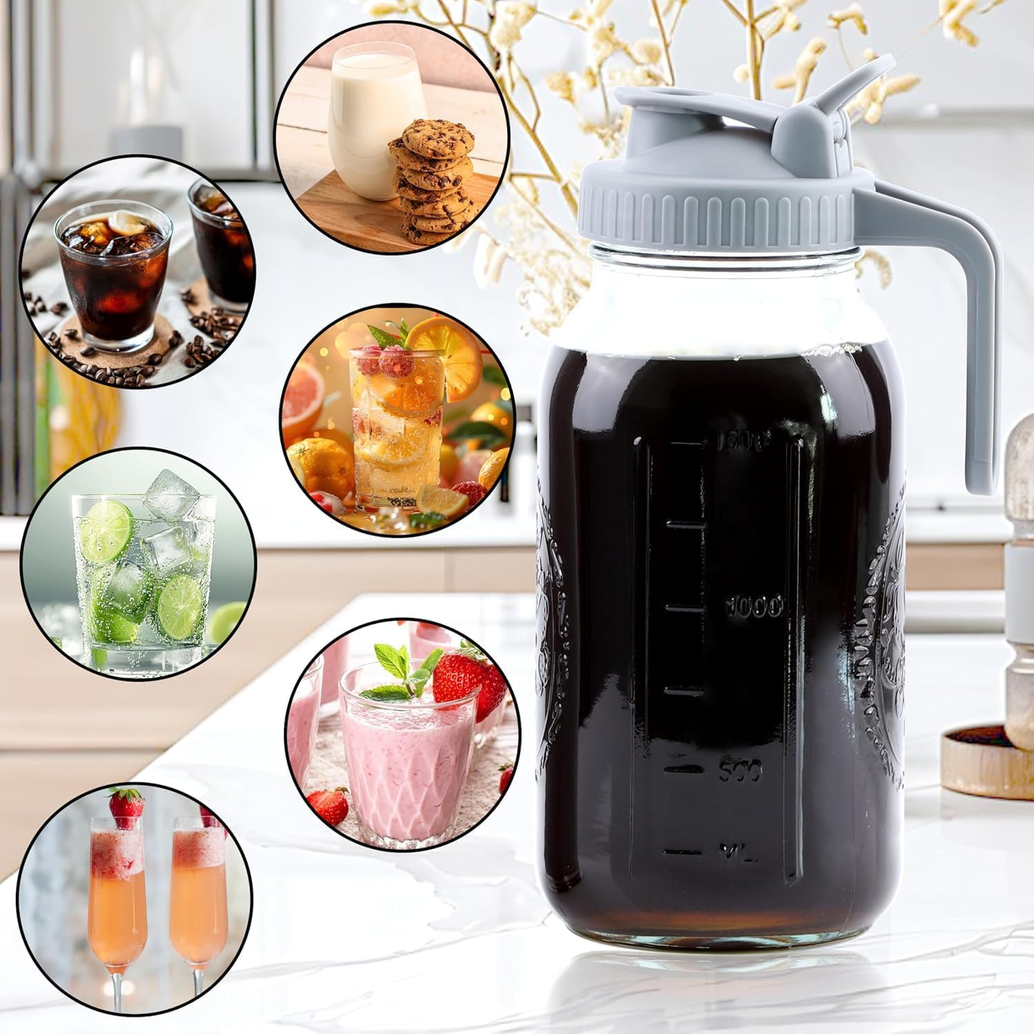 Cold Brew Coffee Maker Pitcher, 32 Oz Heavy Duty Wide Mouth Glass Mason Jar Pour Spout Lid with Stainless Steel Filter for Iced Coffee, Ice Lemonade, Fruit Drinks, Sun Tea (32Oz) image number 1