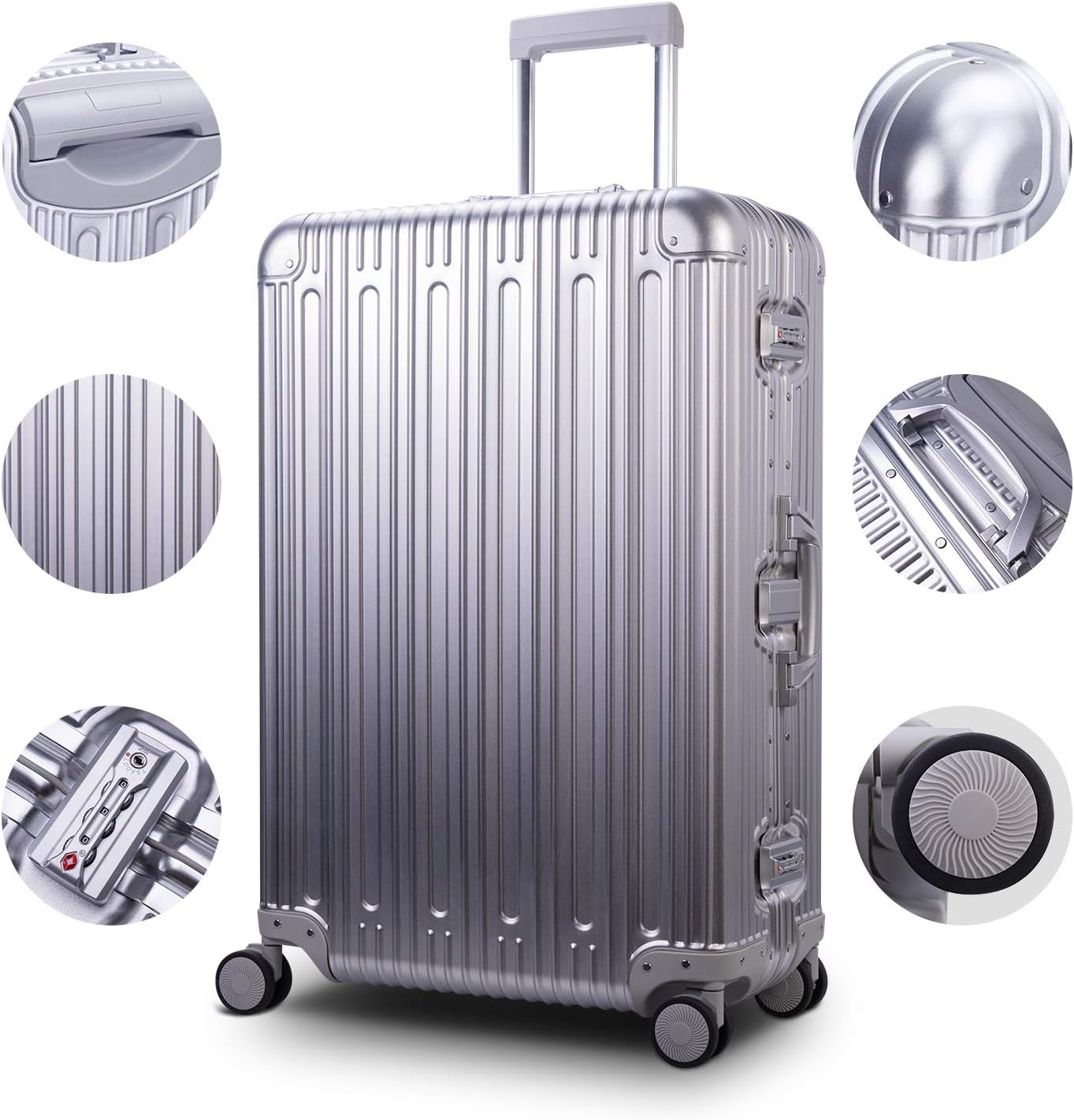 Travelking Multi-Size All Aluminum Hard Shell Luggage Case Carry on Spinner Suitcase by Travelking 20"-28", Sliver, 28"