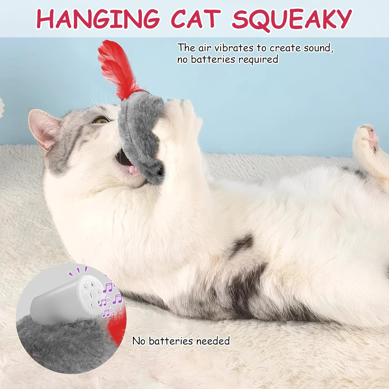 AOUZOVLI 4 Pieces Cat Toy Interactive Mouse Teaser Wand Hanging Door Frame with Squeaky Sound Realistic Mouse Design Feather Tail for Cat Run (Grey) image number 5