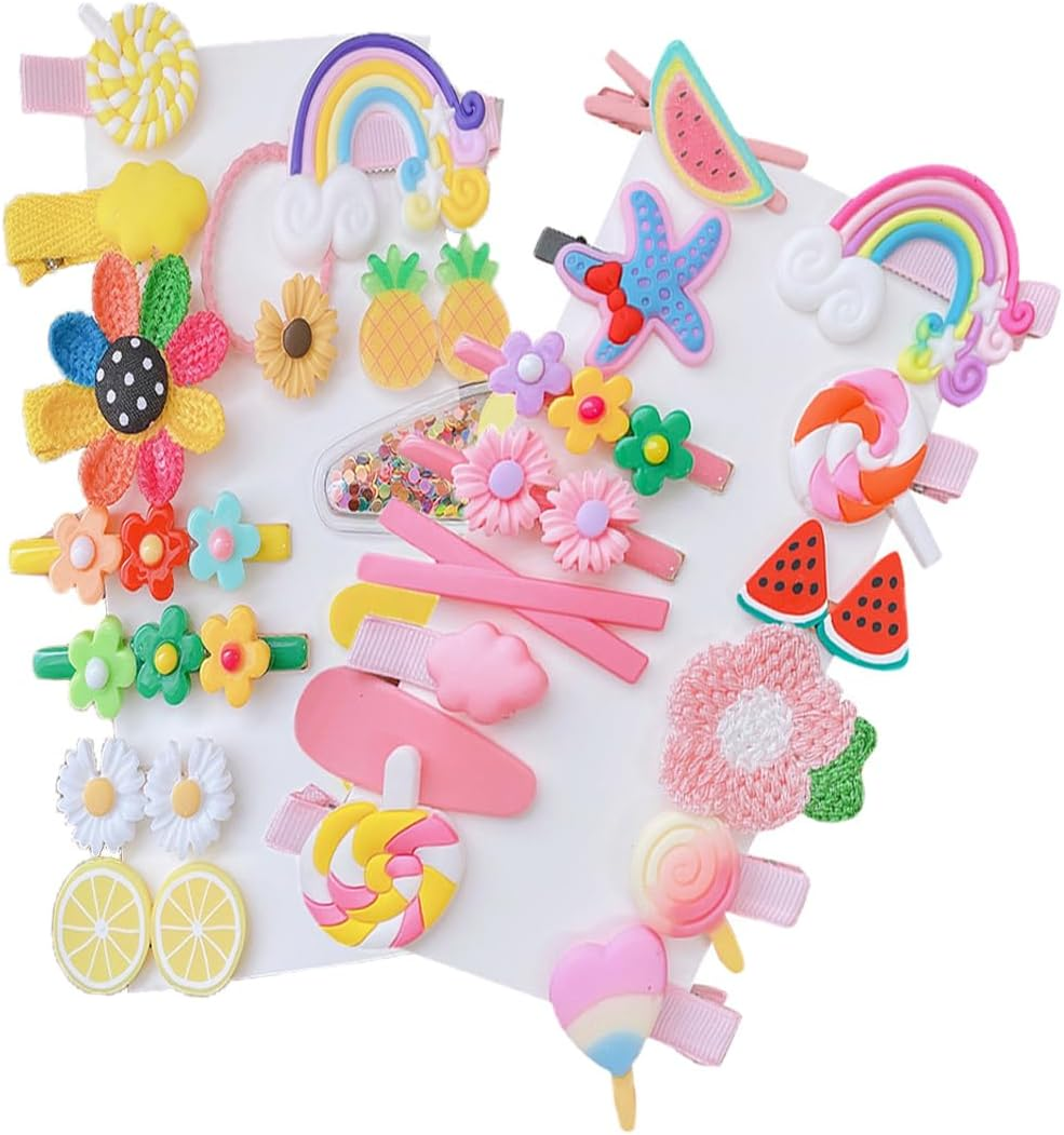 28Pcs Baby Hair Clips for Girls, Cute Hair Clips Cute Hair Accessories Mix Colorful Set Non-Slip Flower Fruit Candy Rainbow Hair Pins Hair Barrettes Set for Girls Baby Girls Kids Teens image number 1