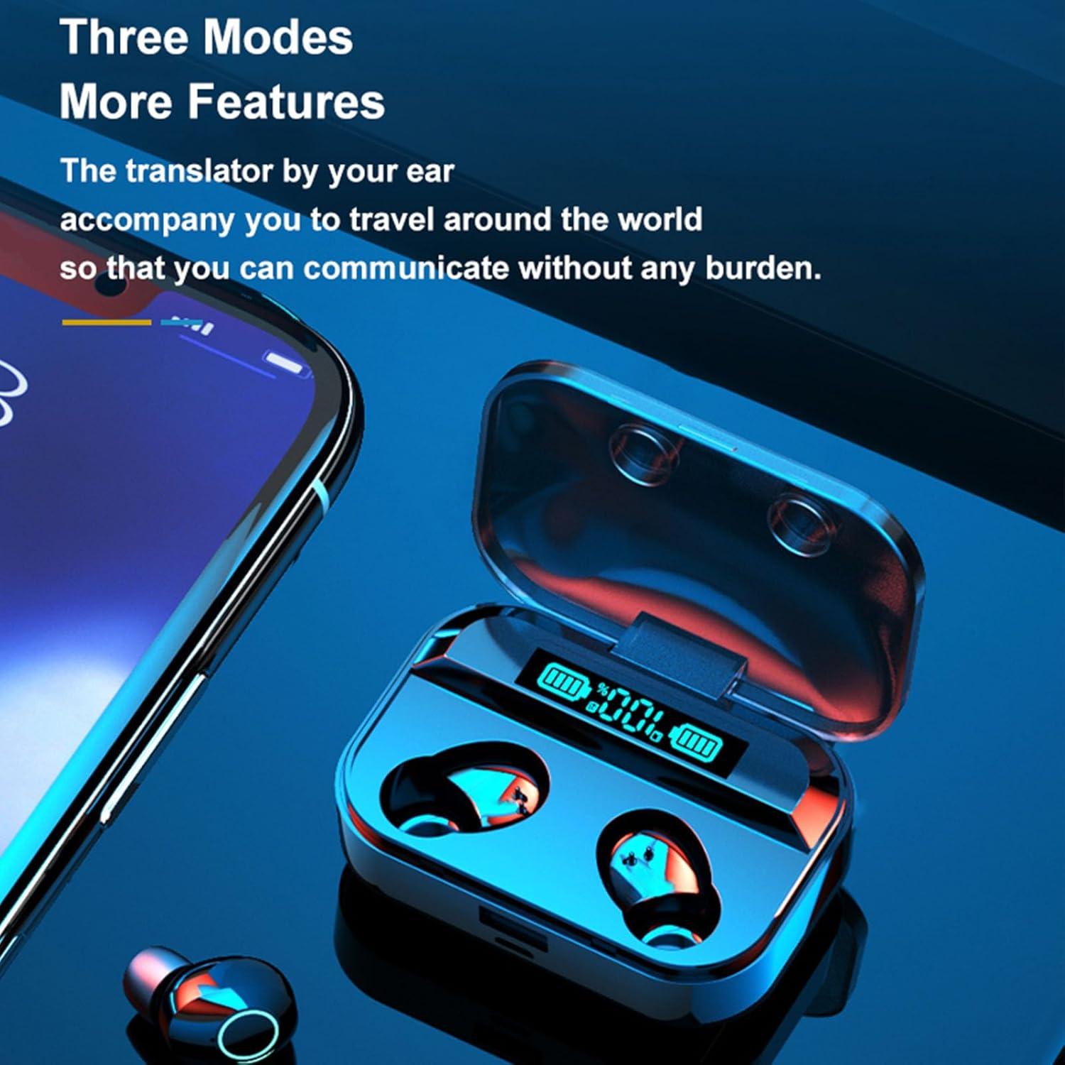 Voice Translator Earphones, 144 Online Real-Time Voice Translation Headphones, Three Modes, Touch Control, Earbuds Translation Device with App Music Call Function, Black image number 2